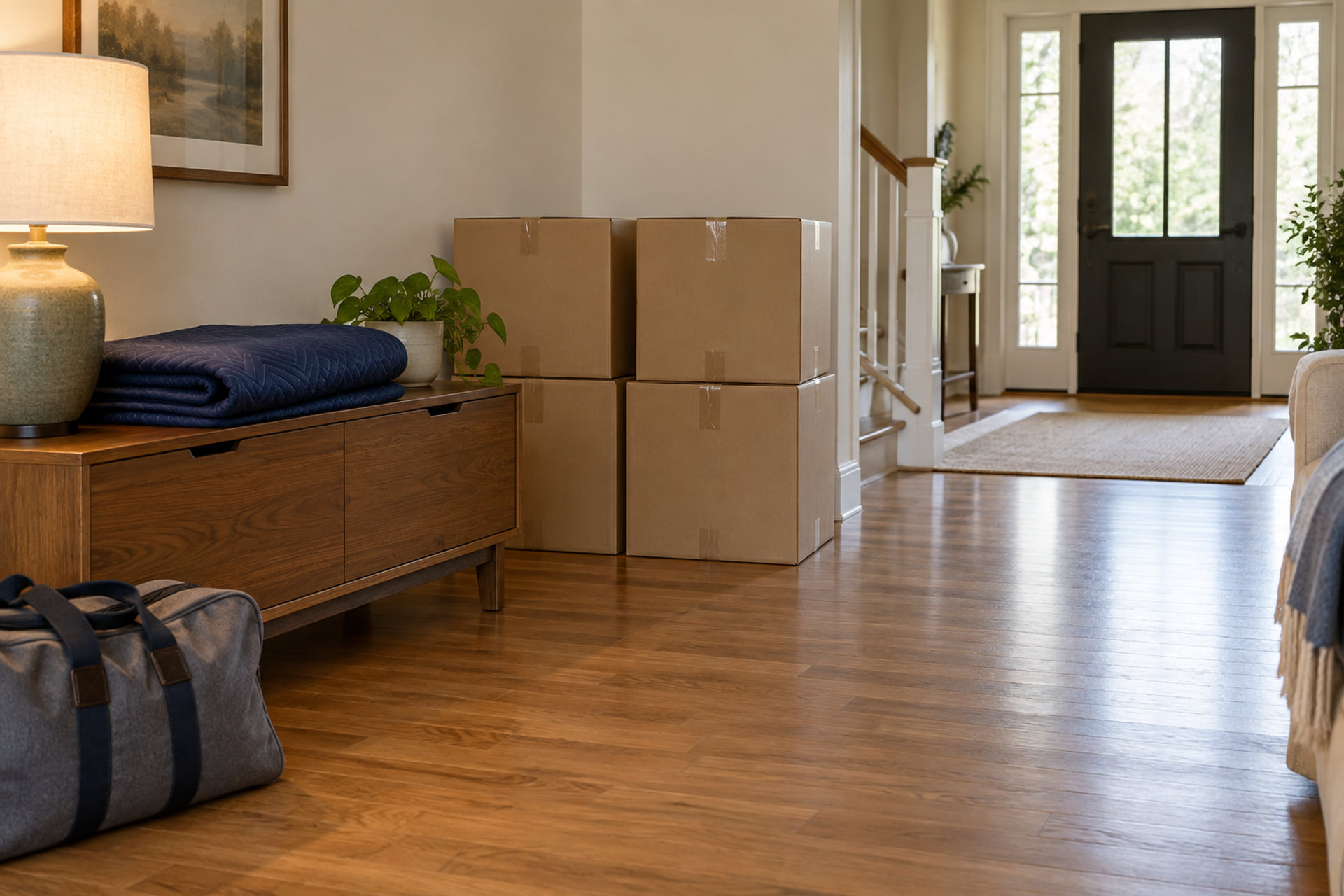 Console, folded blankets, travel bag and cartons beside a clear hallway