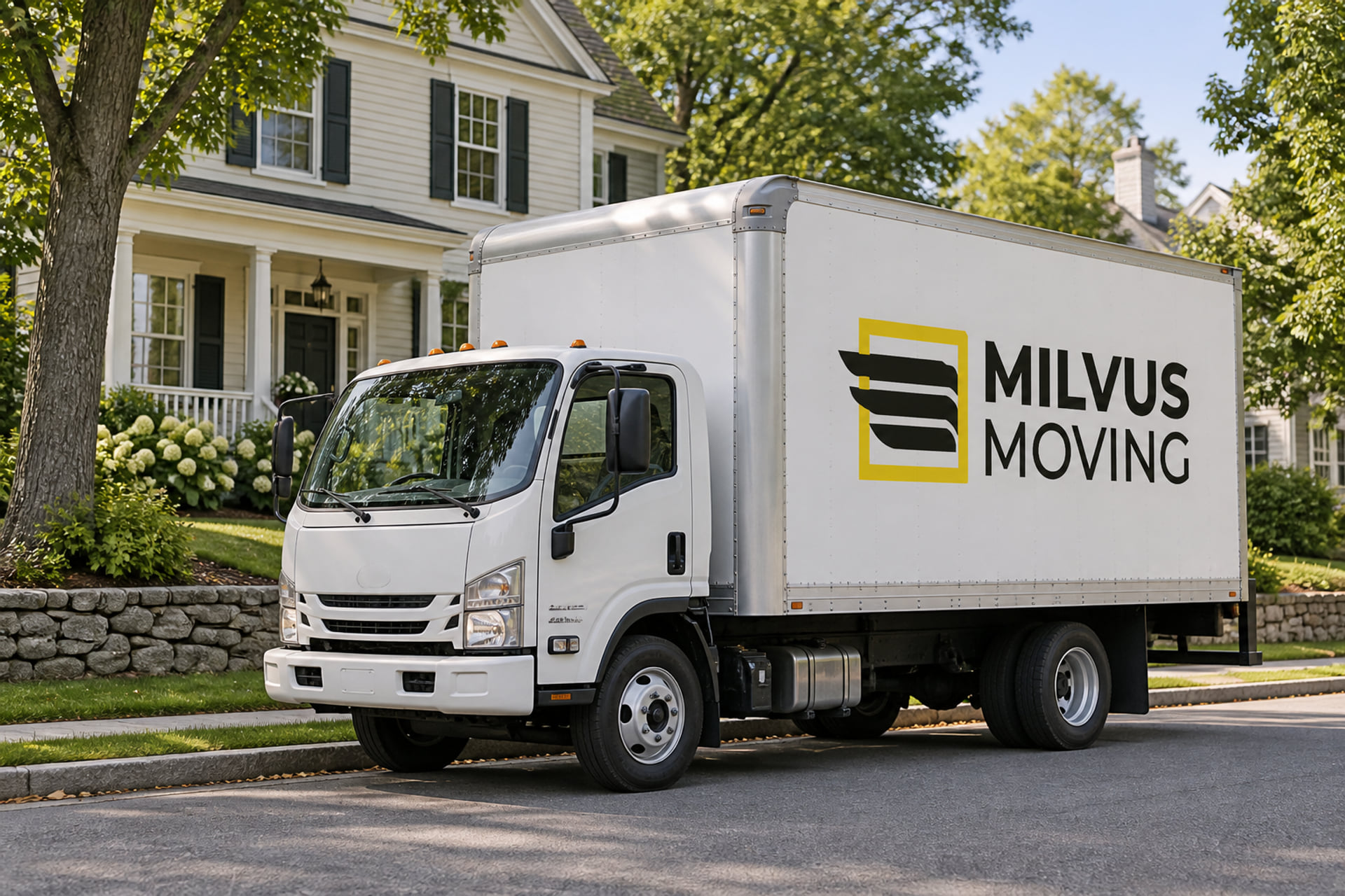 Milvus moving truck parked beside a leafy residential house