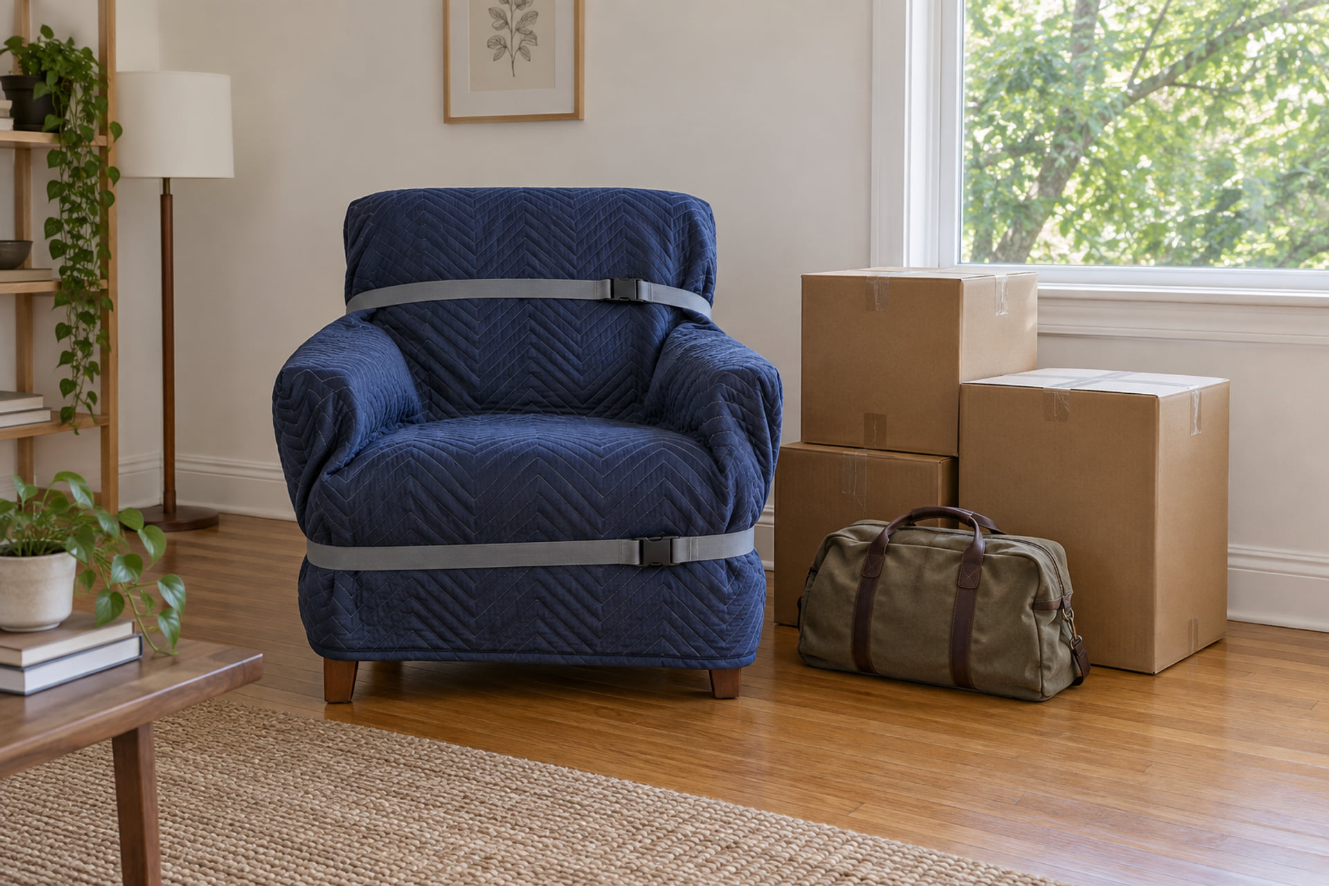 Padded armchair secured with straps beside sealed cartons and a travel bag