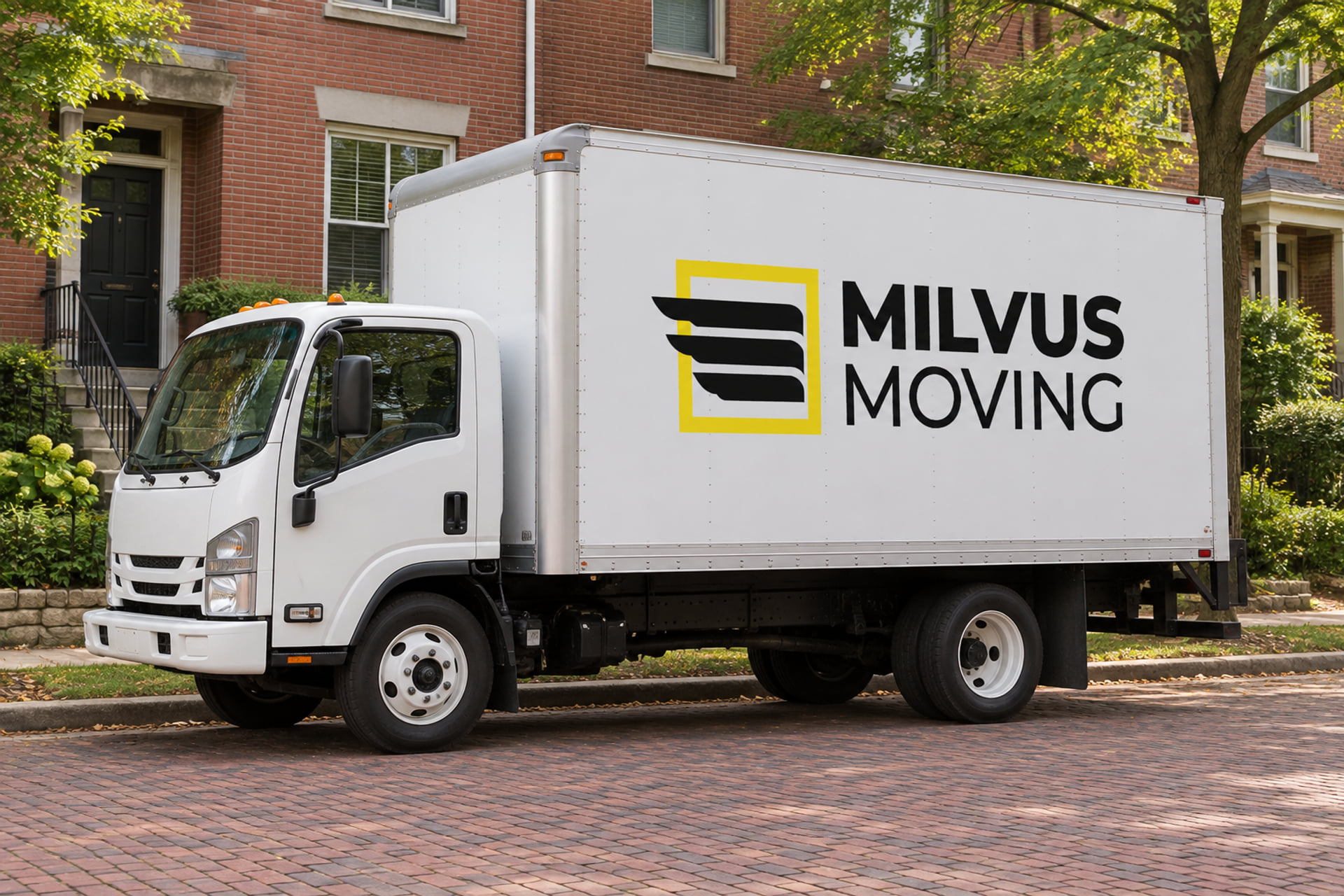 Milvus moving truck parked beside brick residential buildings