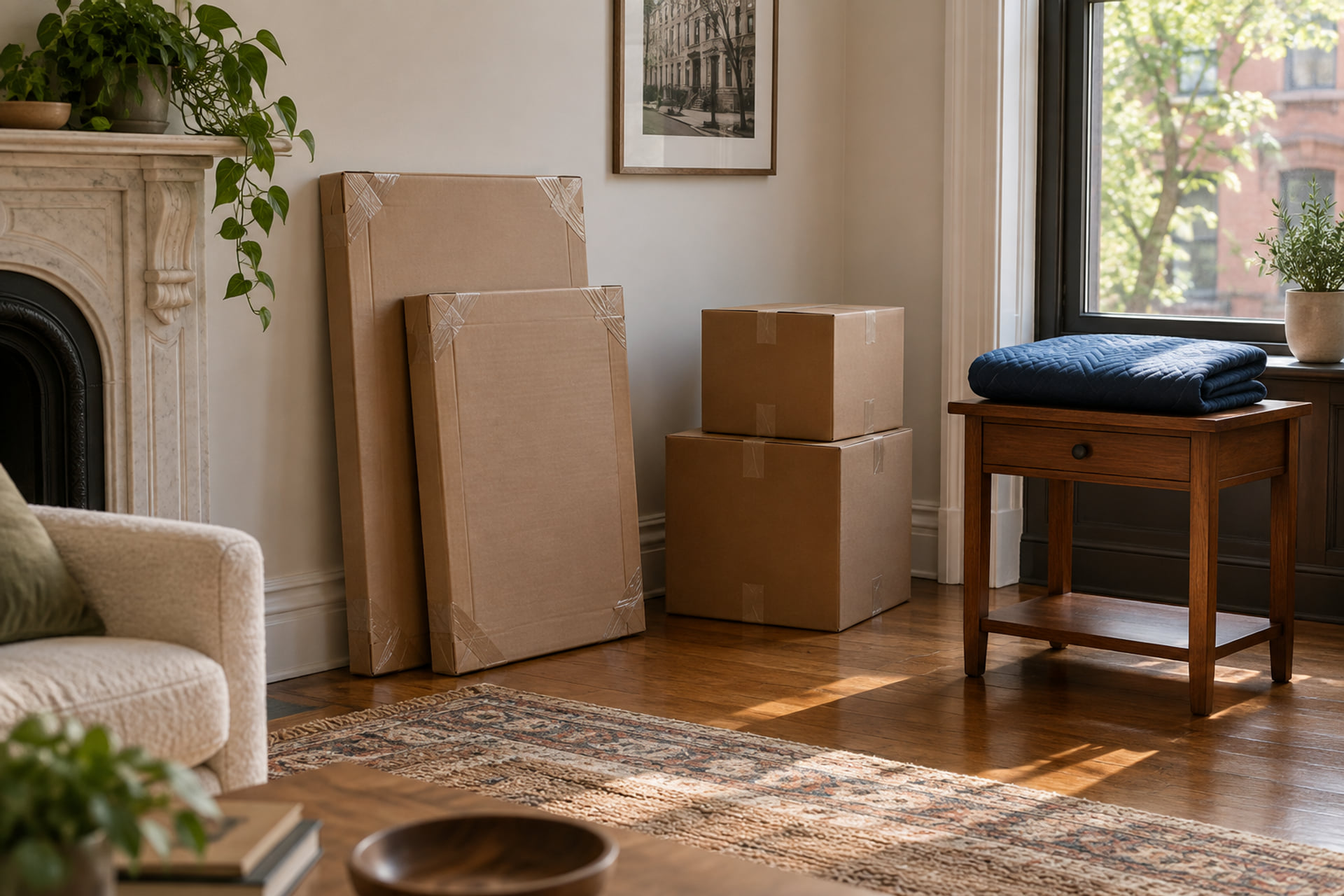 Flat packed framed pieces and sealed cartons beside a small table