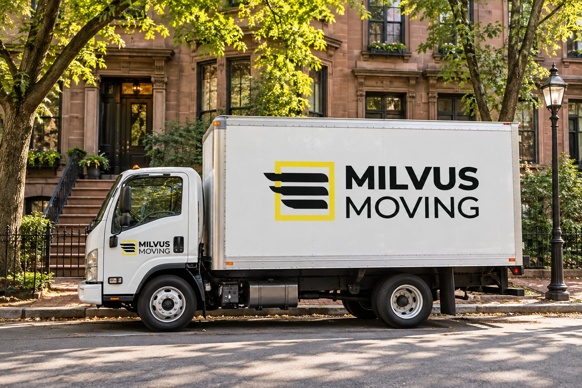 Milvus moving truck parked beside brownstone apartment buildings