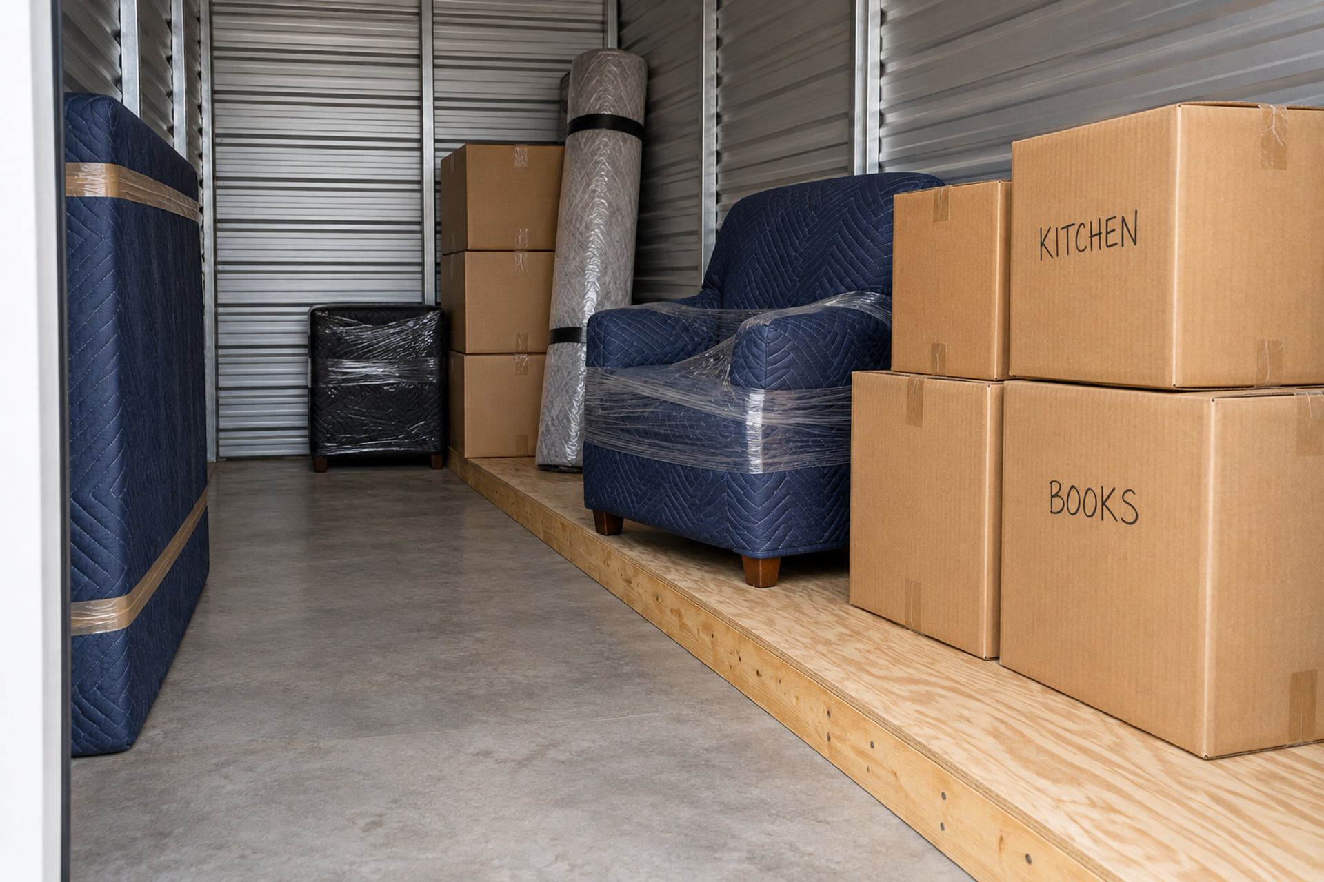 Labeled cartons and protected furniture with a clear aisle in a storage unit