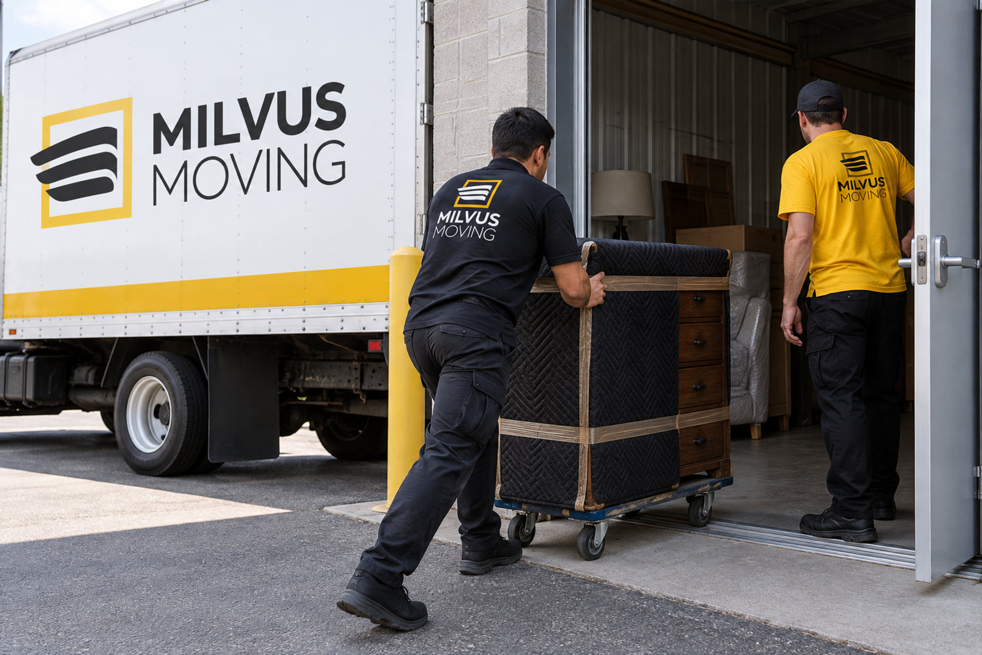 Movers guiding a padded cabinet into a storage entrance
