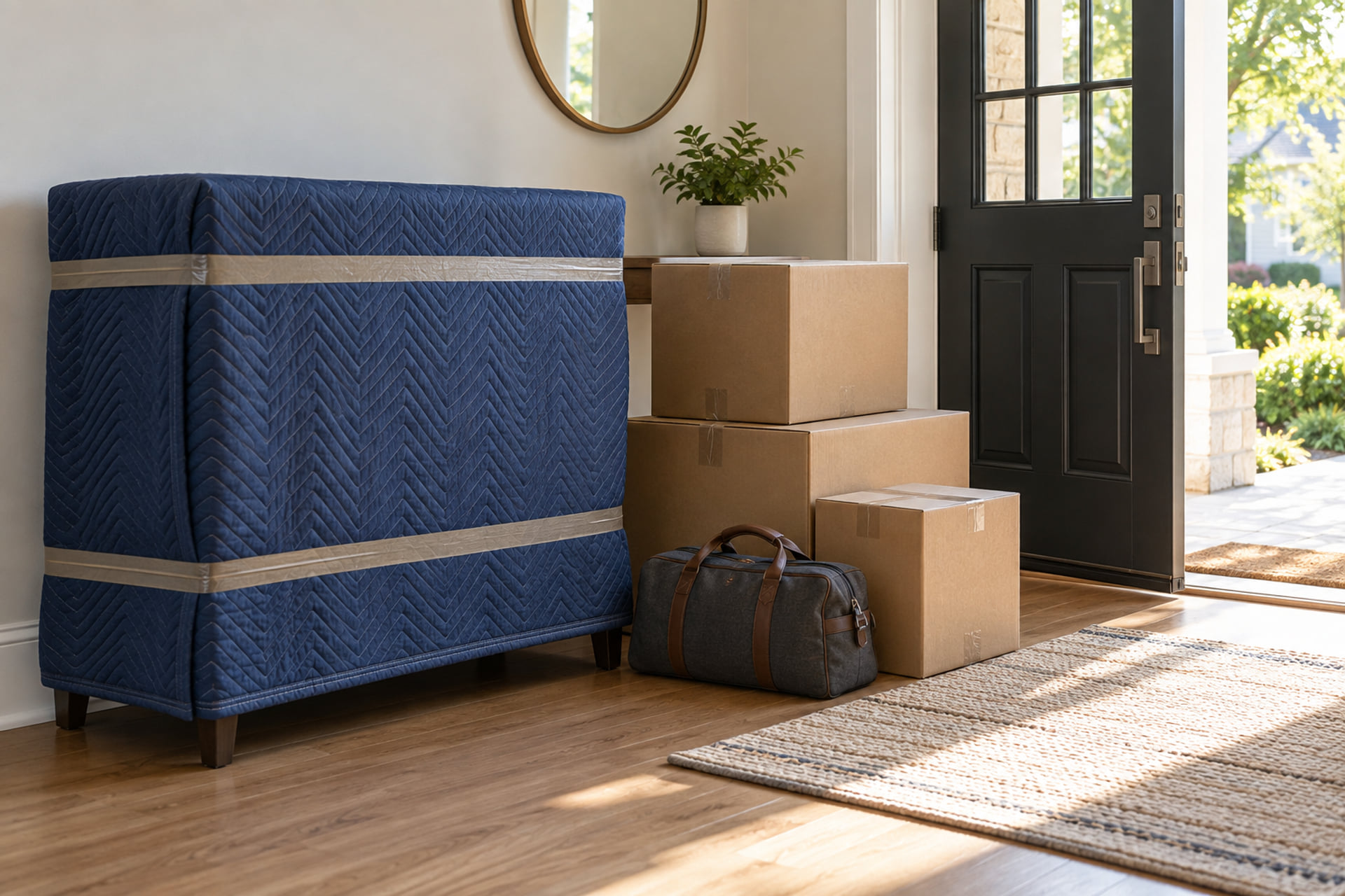 Padded household furniture and sealed cartons beside a front door