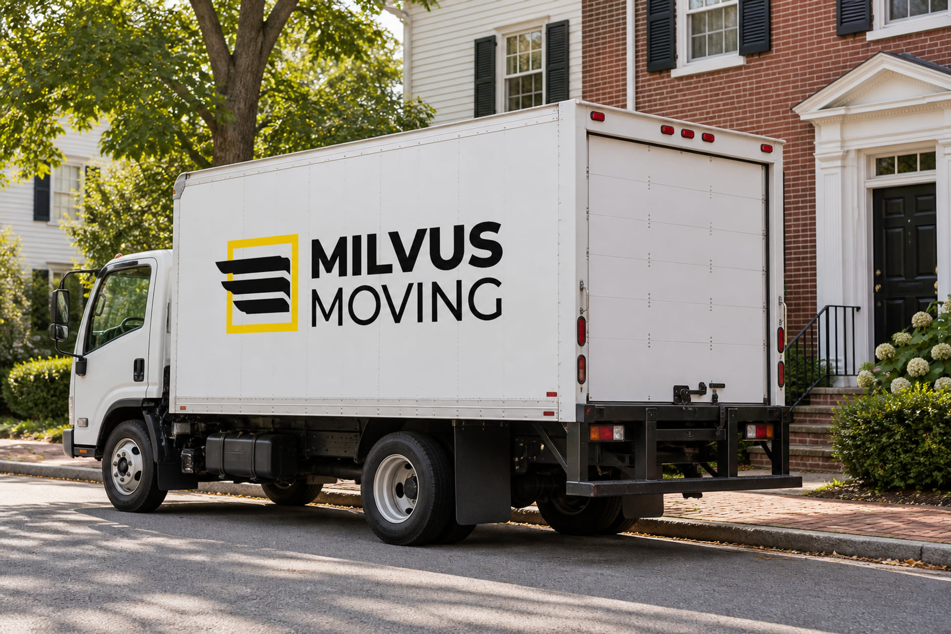 Milvus moving truck parked outside a brick and clapboard residential building