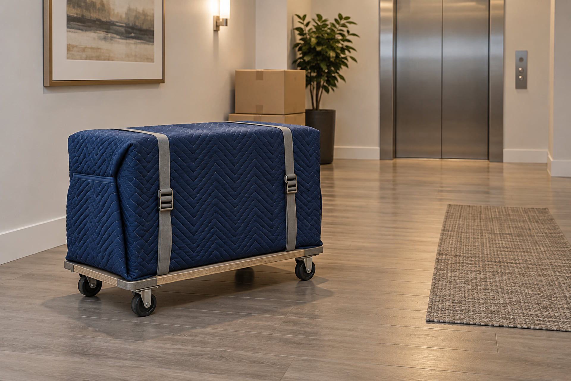 Padded furniture secured on a dolly beside an apartment elevator