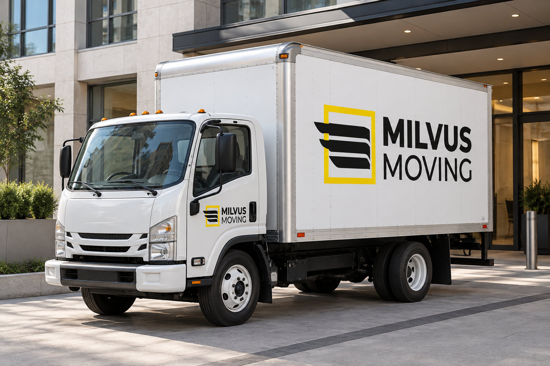 Milvus moving truck beside a modern apartment entrance