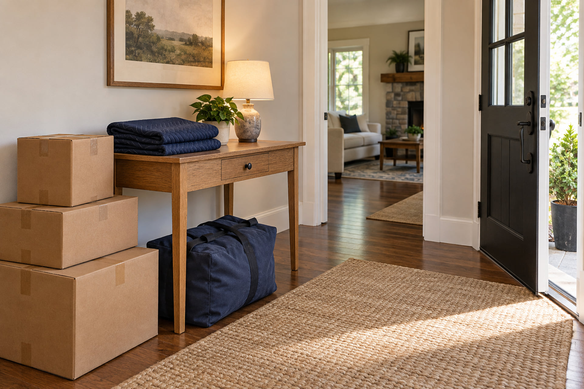 Sealed cartons, a travel bag and folded blankets beside a clear entrance