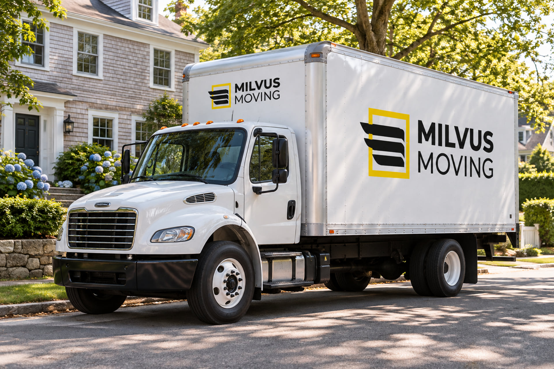 Milvus moving truck parked outside a leafy residential home