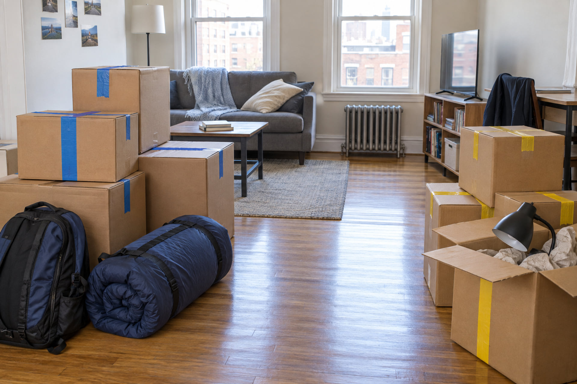 Separate groups of packed belongings in a shared apartment ready for move-out