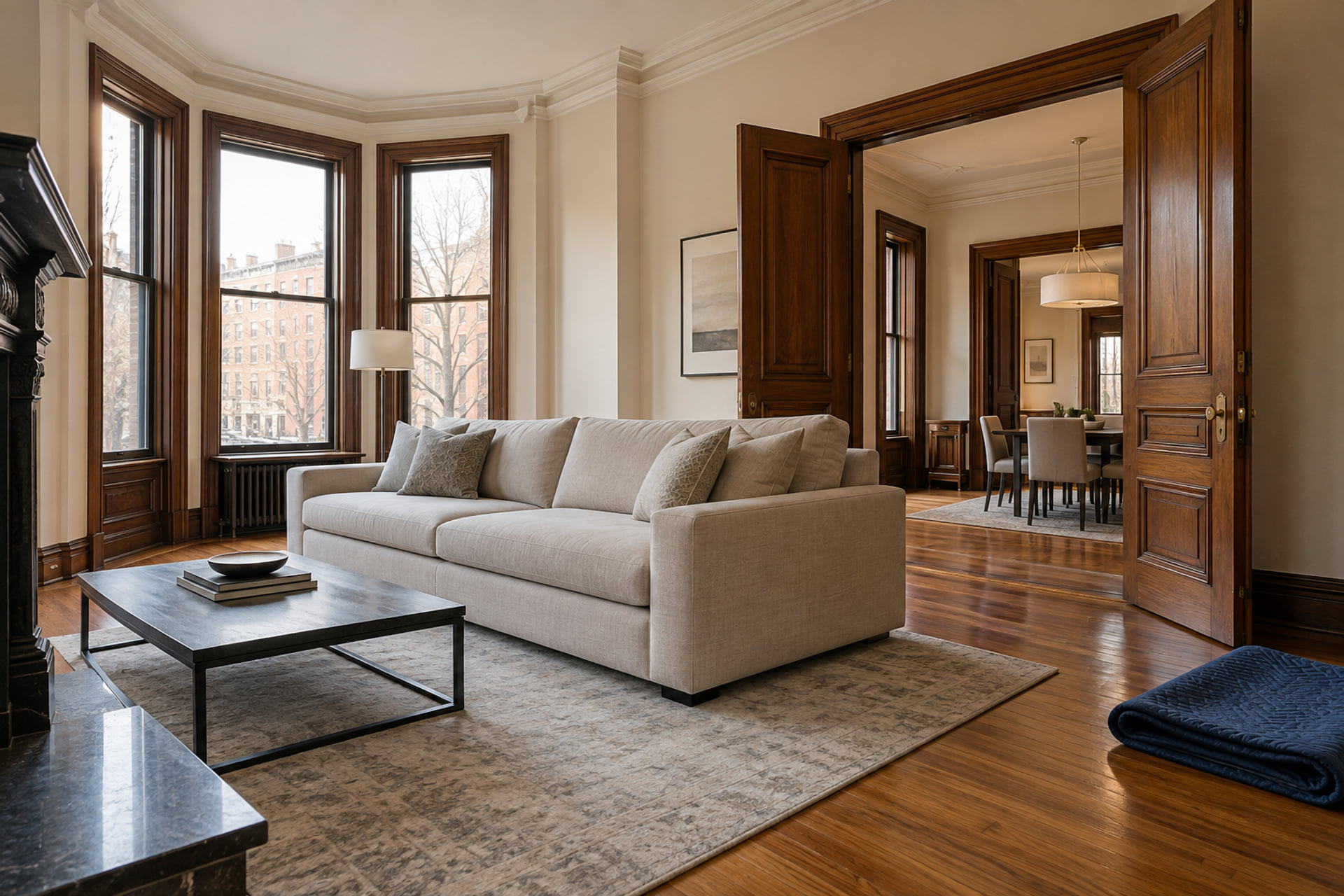 A brownstone sitting room with a large sofa and a clear path to the doorway