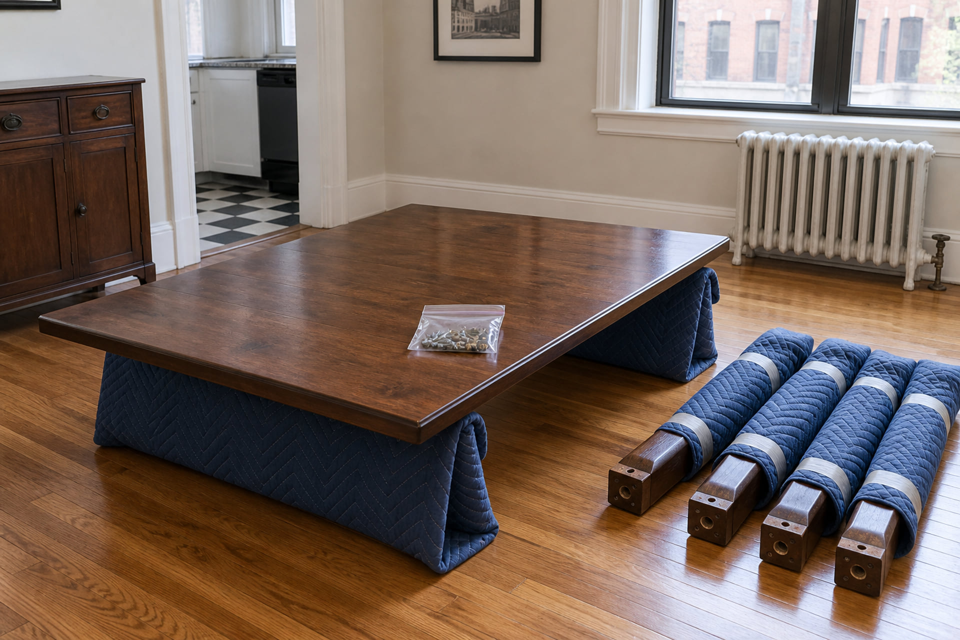 A dismantled dining table with wrapped legs and its hardware kept together