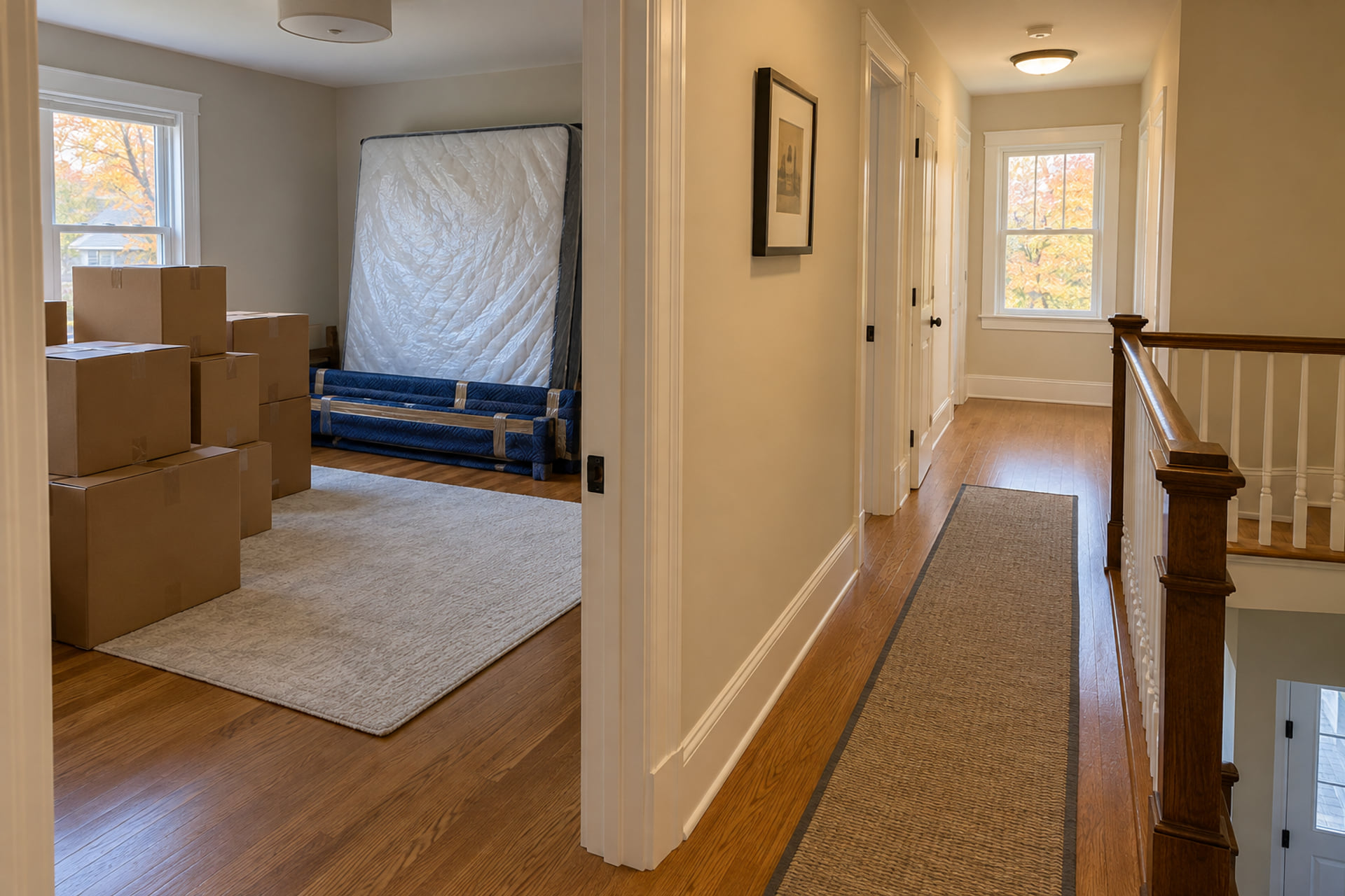 Sealed cartons grouped by a bedroom doorway with a protected bed frame nearby
