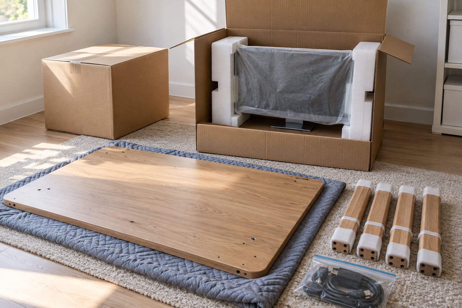 A protected monitor, wrapped desk parts and organized cables prepared for a household move