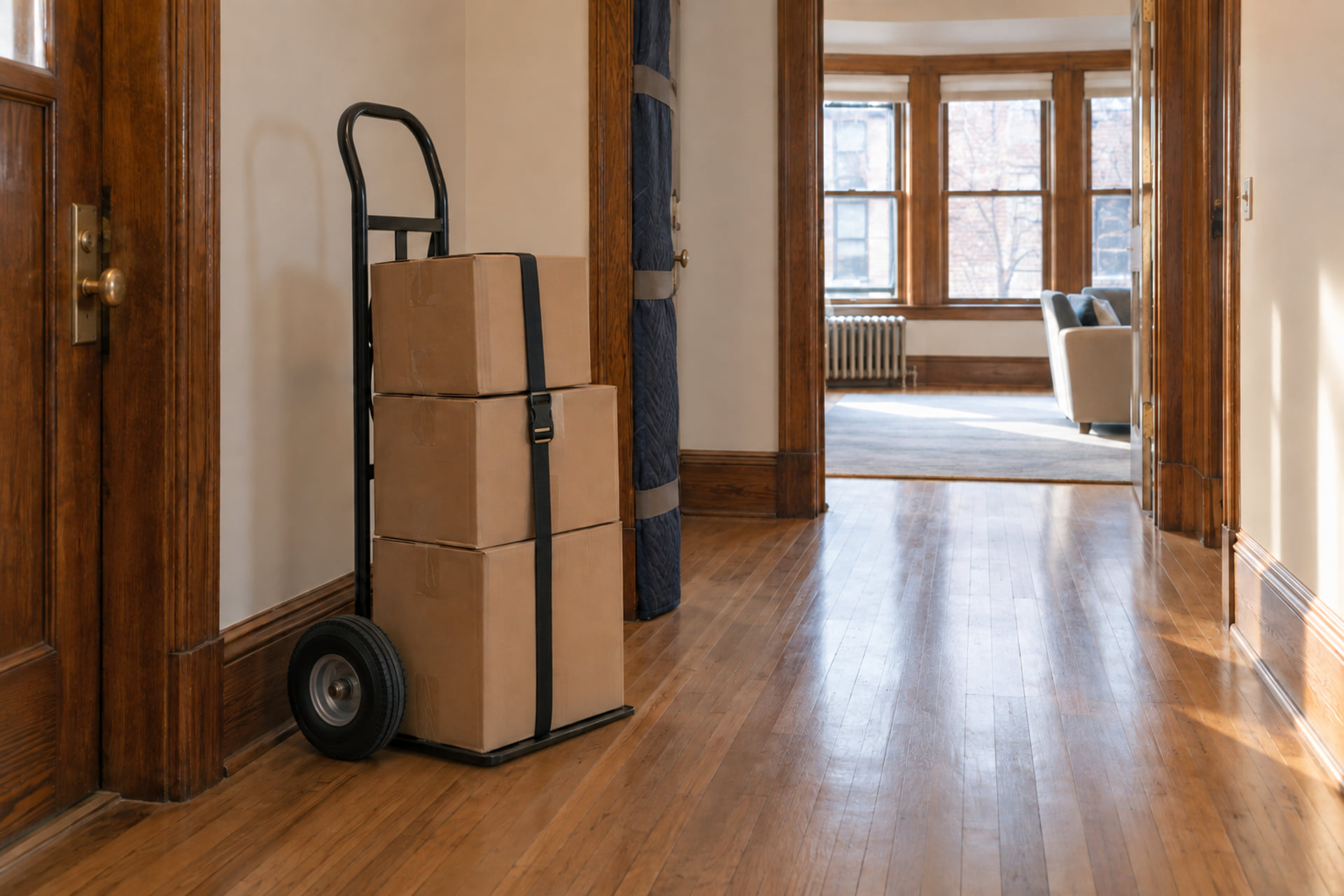 A loaded hand truck beside a clear apartment hallway and protected doorway