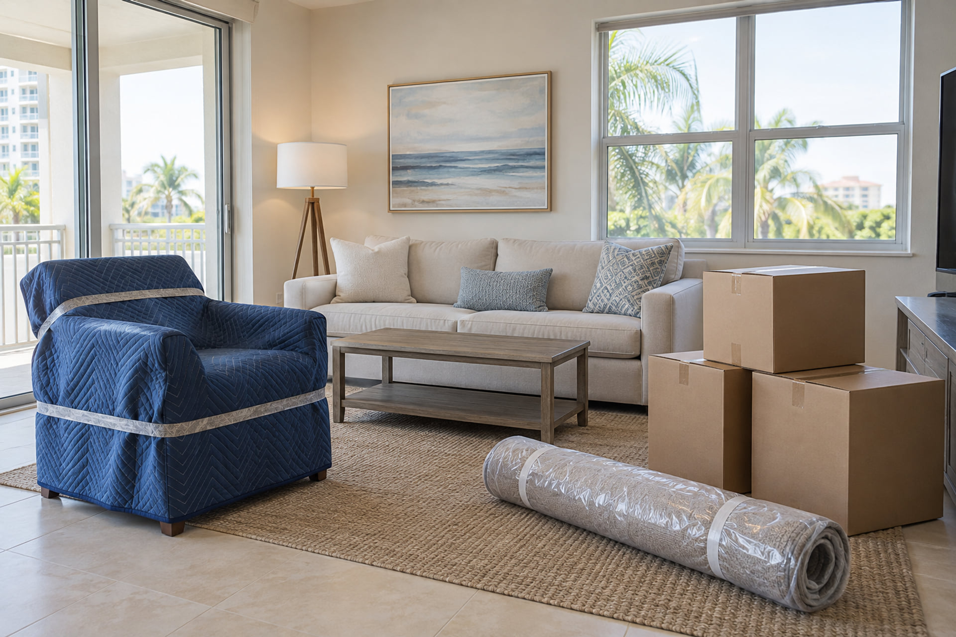 Covered furniture and cartons arranged inside a bright condo with a clear entrance