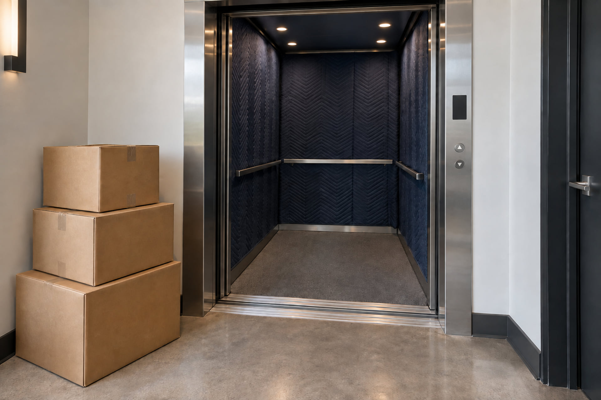 Protected elevator walls and sealed moving cartons beside a residential service entrance