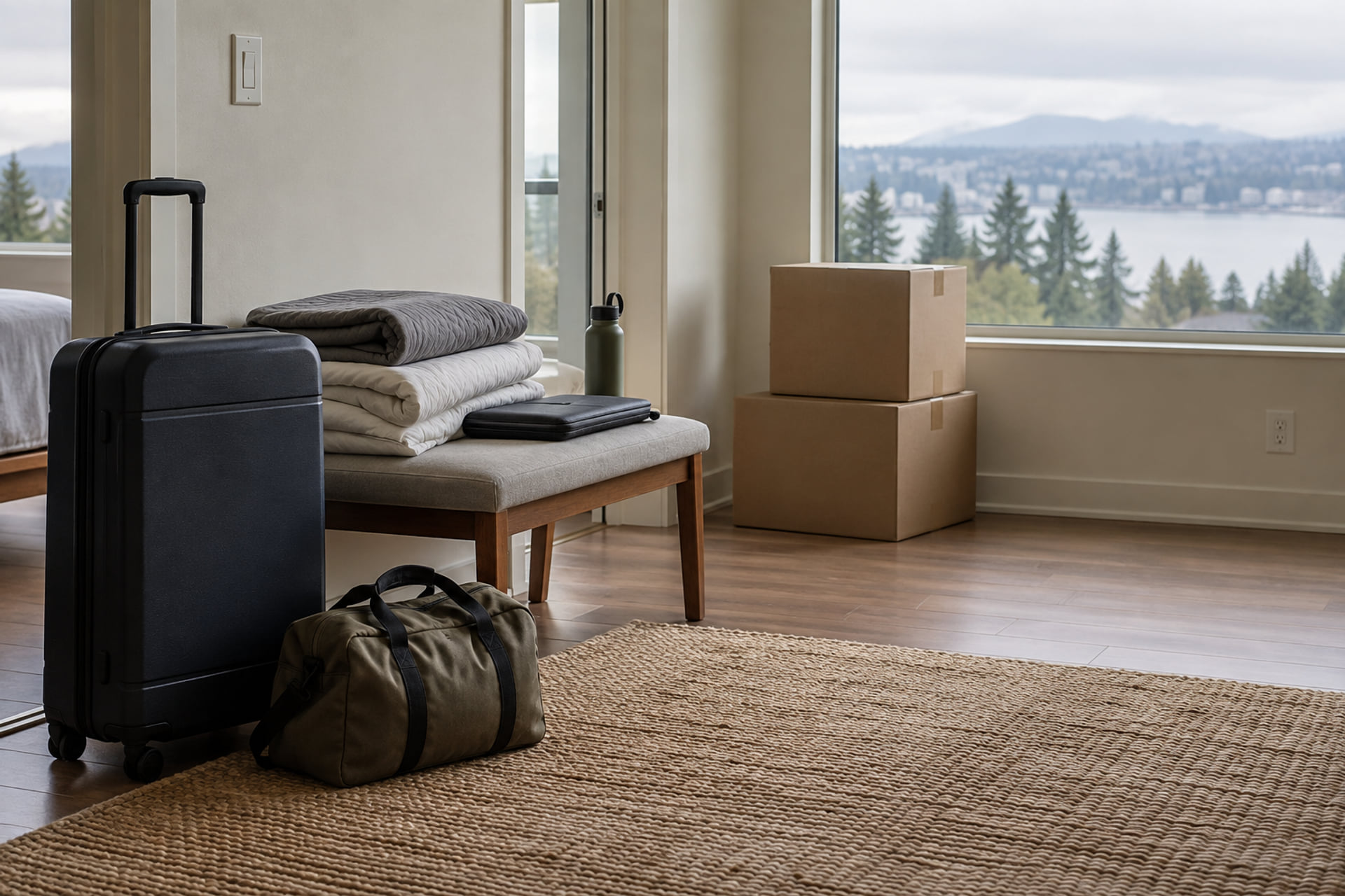 A suitcase and daily essentials kept separate from moving cartons in an apartment