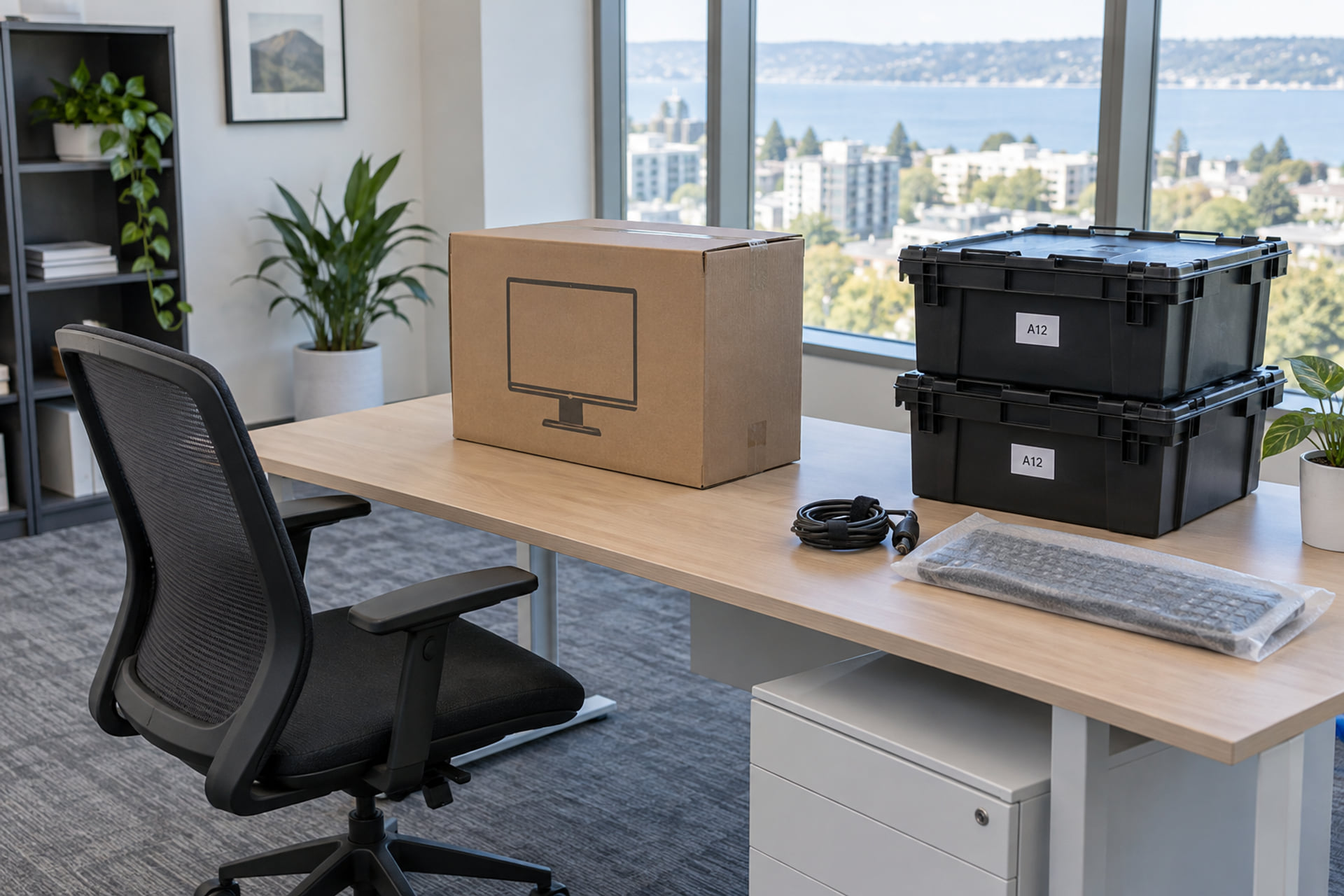 Packed office equipment and labeled reusable crates beside a cleared workstation