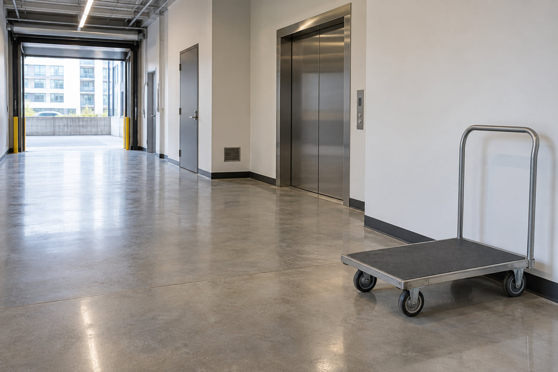 A clear building service corridor leading from a loading entrance to a freight elevator