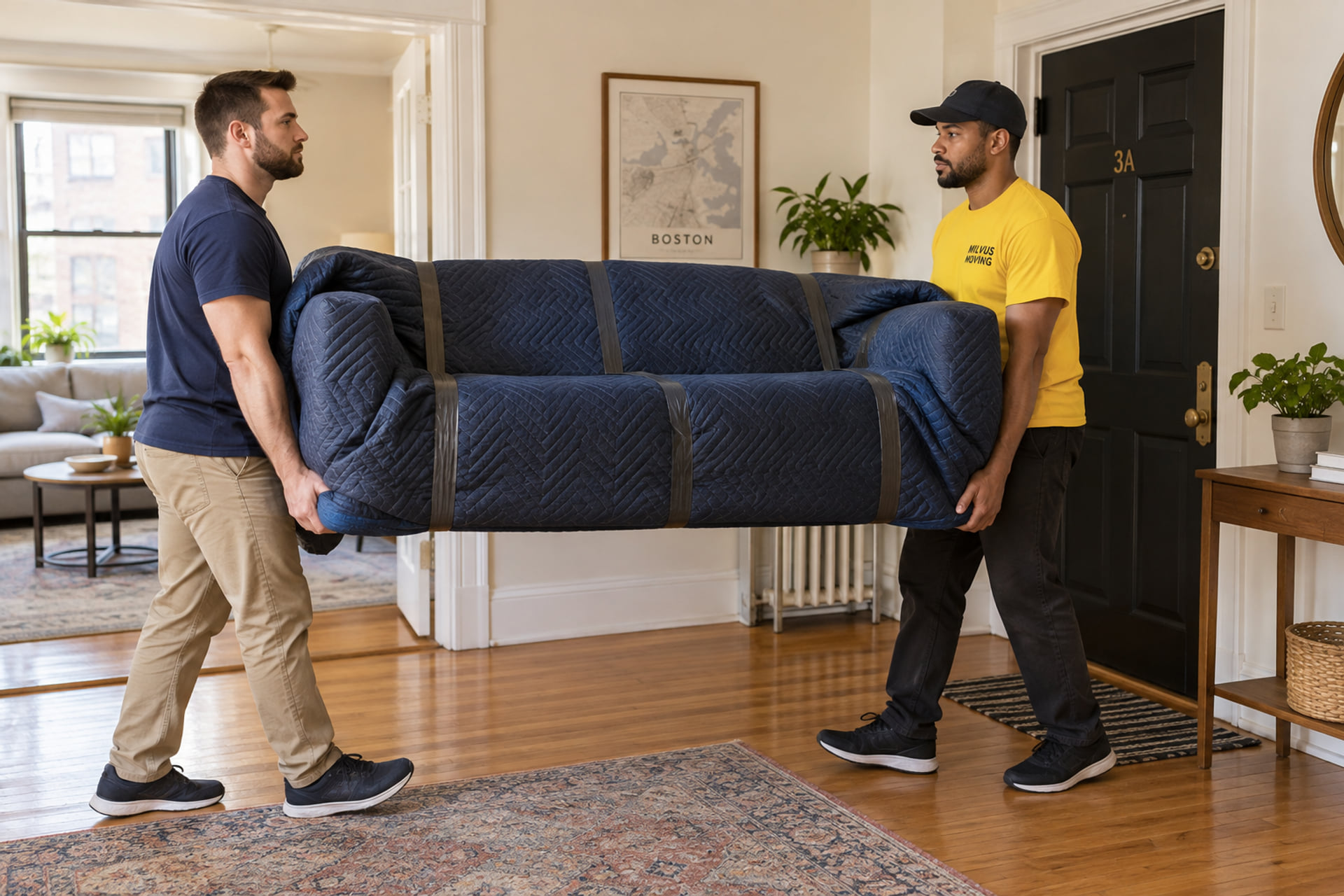Two movers carrying a blanket-wrapped sofa through a clear apartment entrance