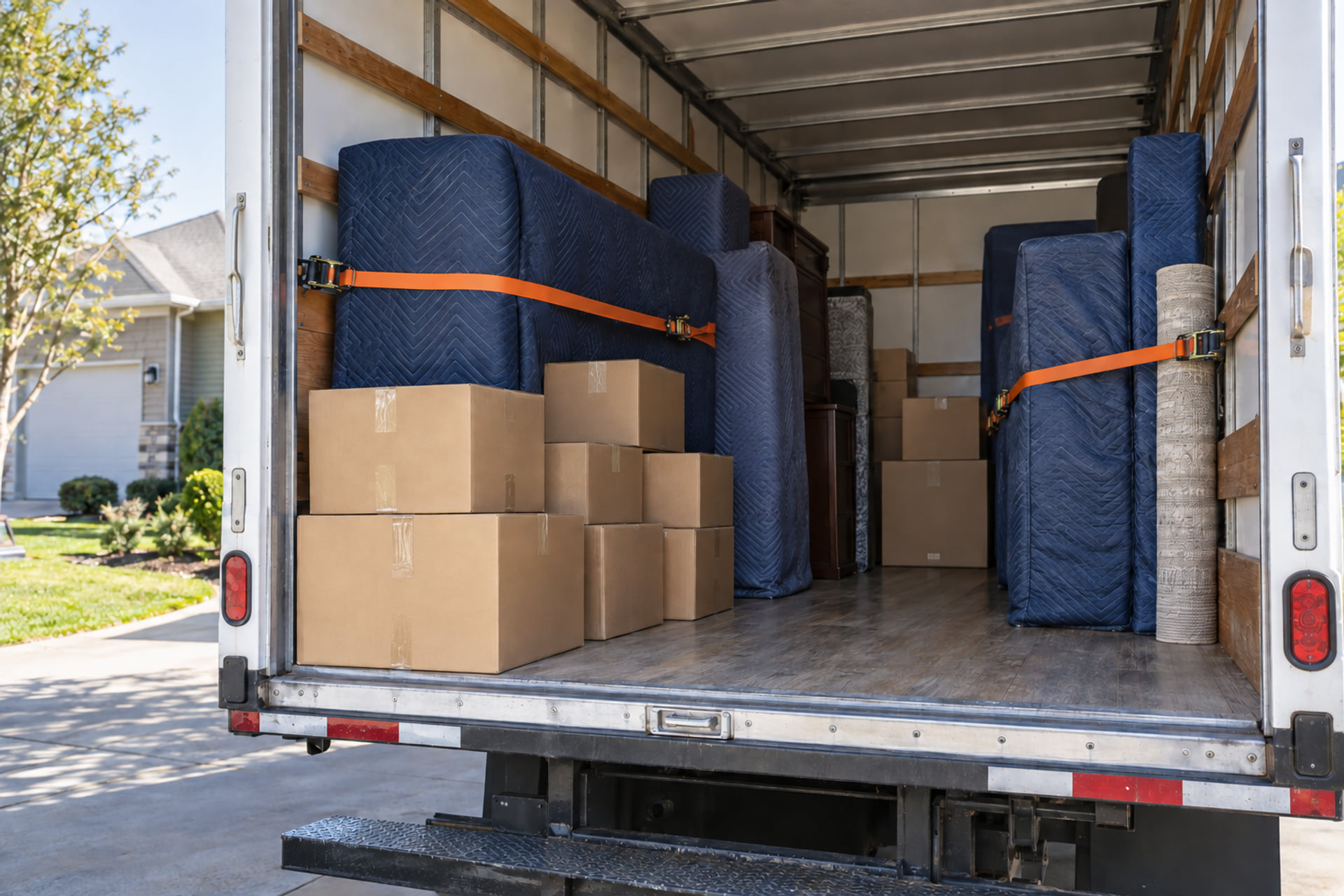 Blanket-wrapped furniture and cartons secured inside a moving truck
