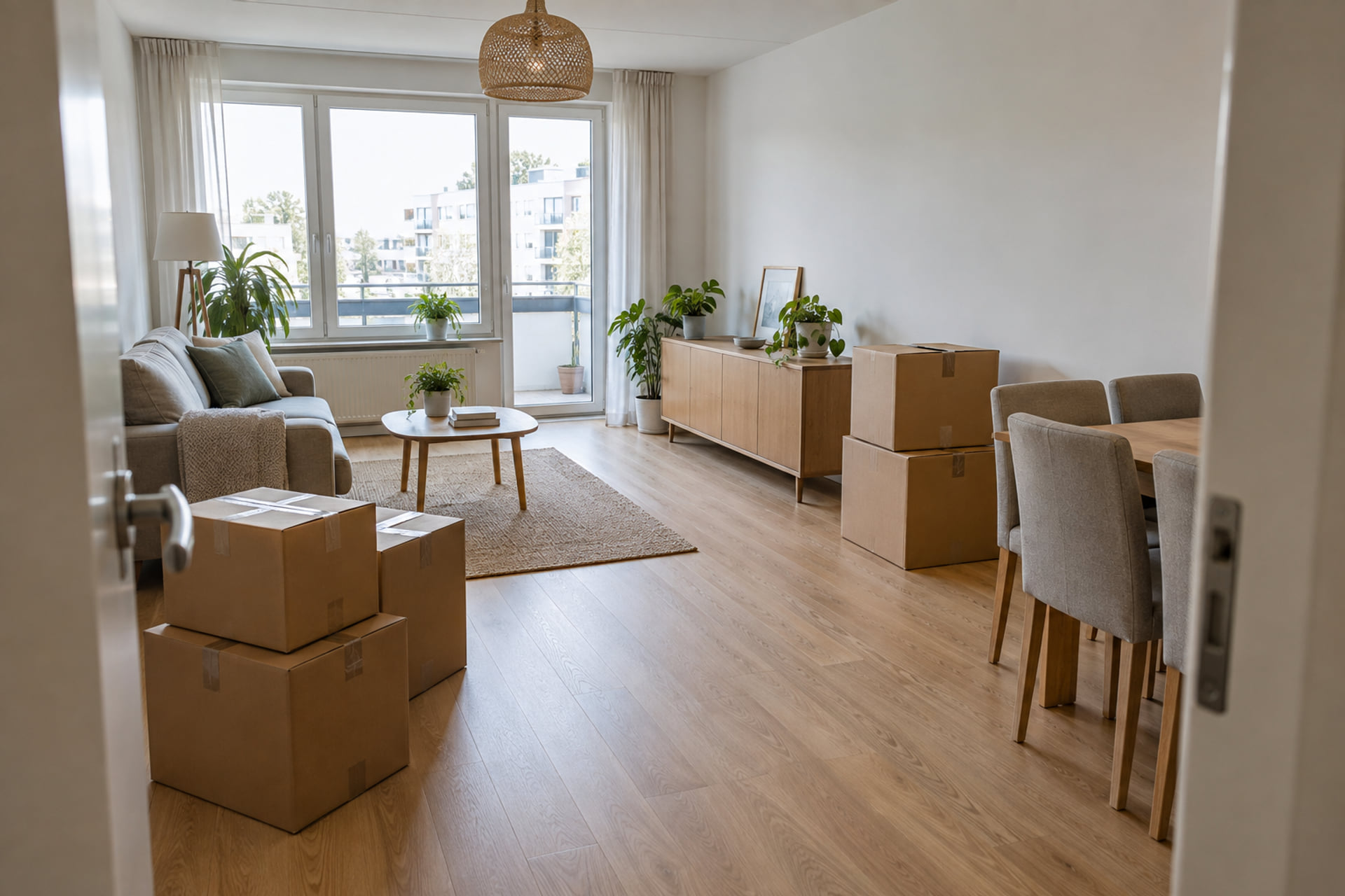 A sofa, sideboard, dining chairs and packed cartons ready to be counted for an estimate