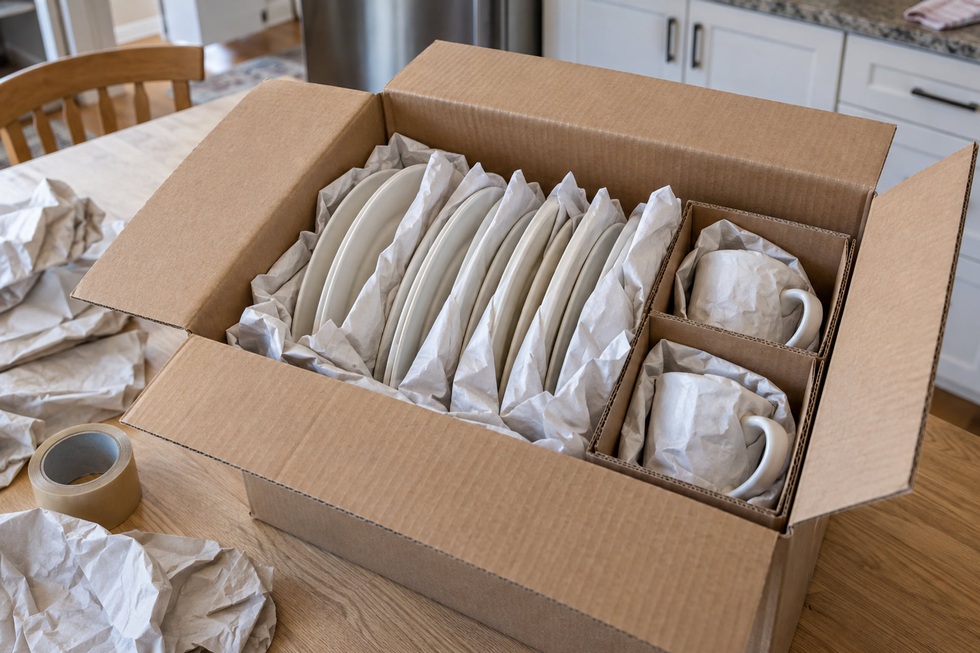 Individually wrapped plates and cups inside a partitioned packing carton