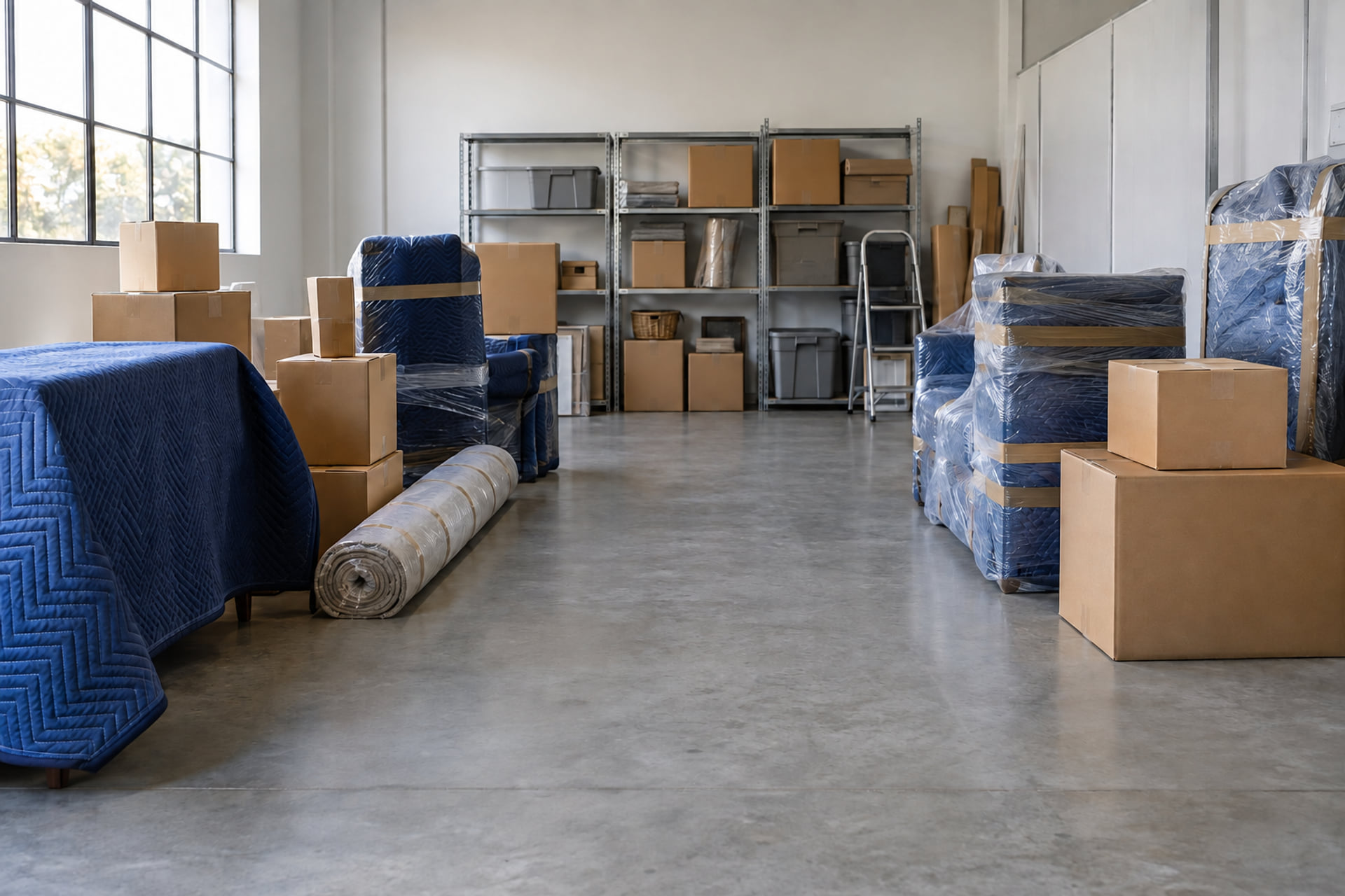 Protected furniture and sealed cartons organized with an aisle between storage groups