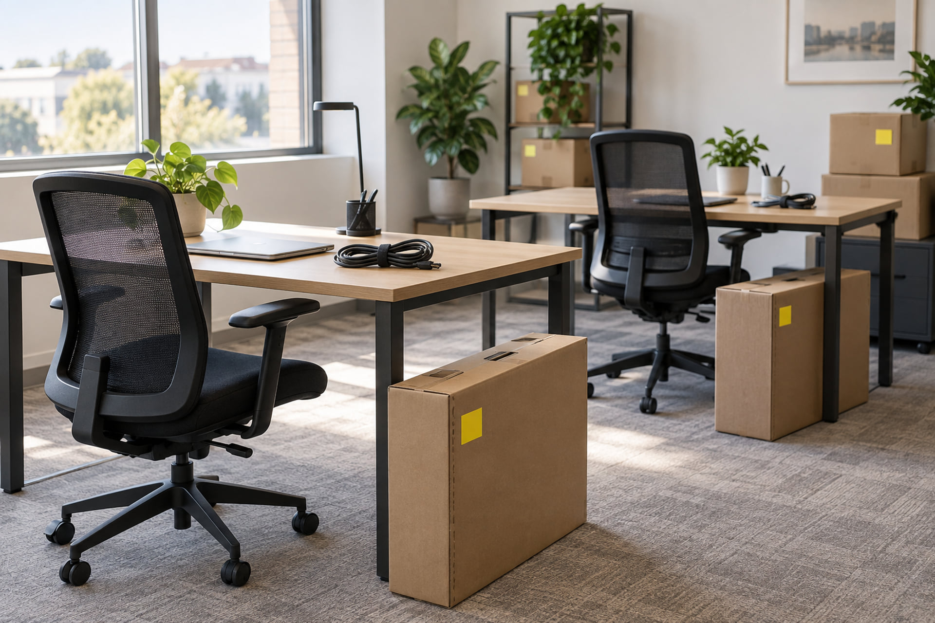 Office desks, packed monitor boxes and coiled cables ready for a move