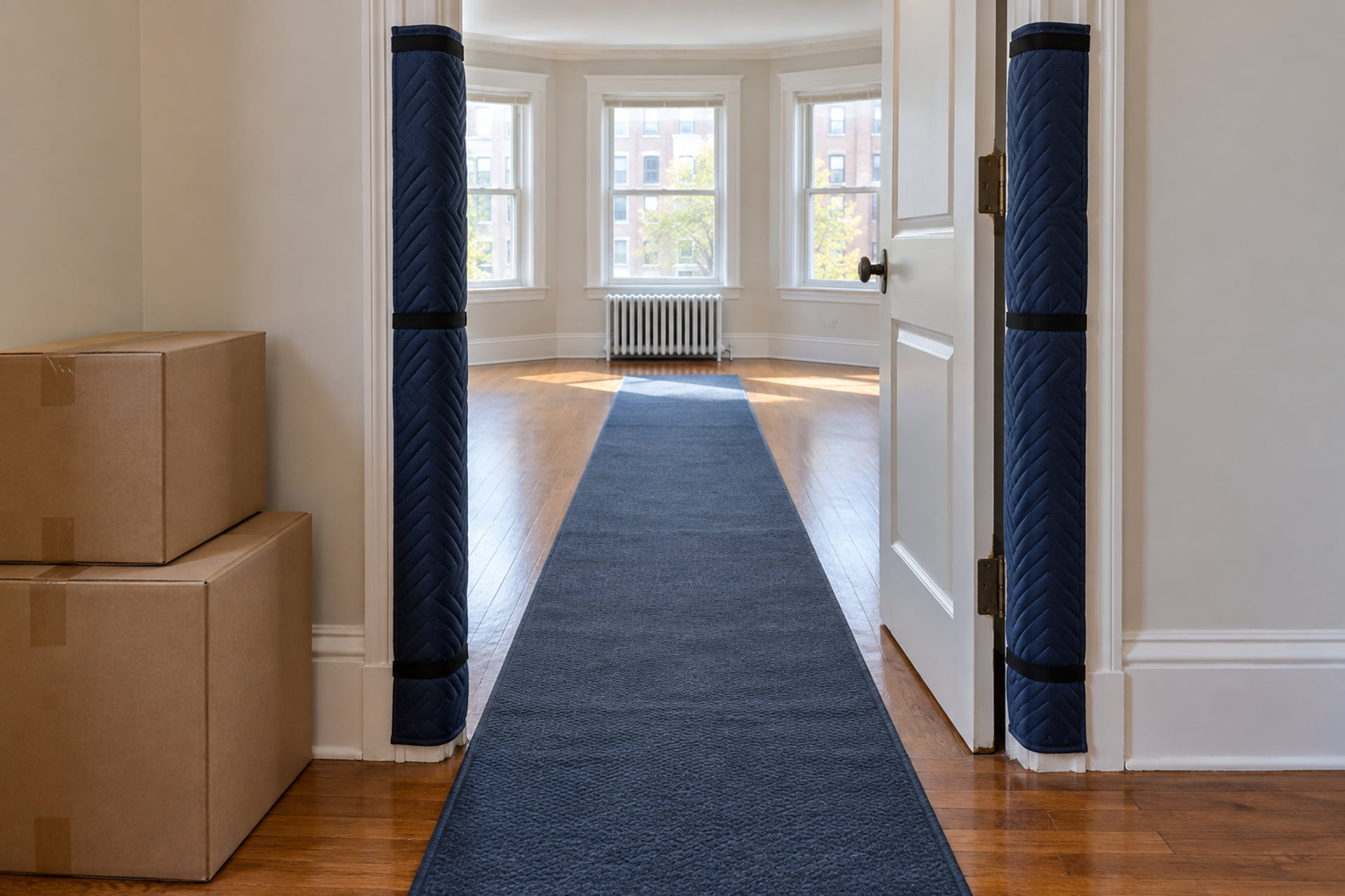 Protected door jambs and a clear floor runner through an apartment doorway
