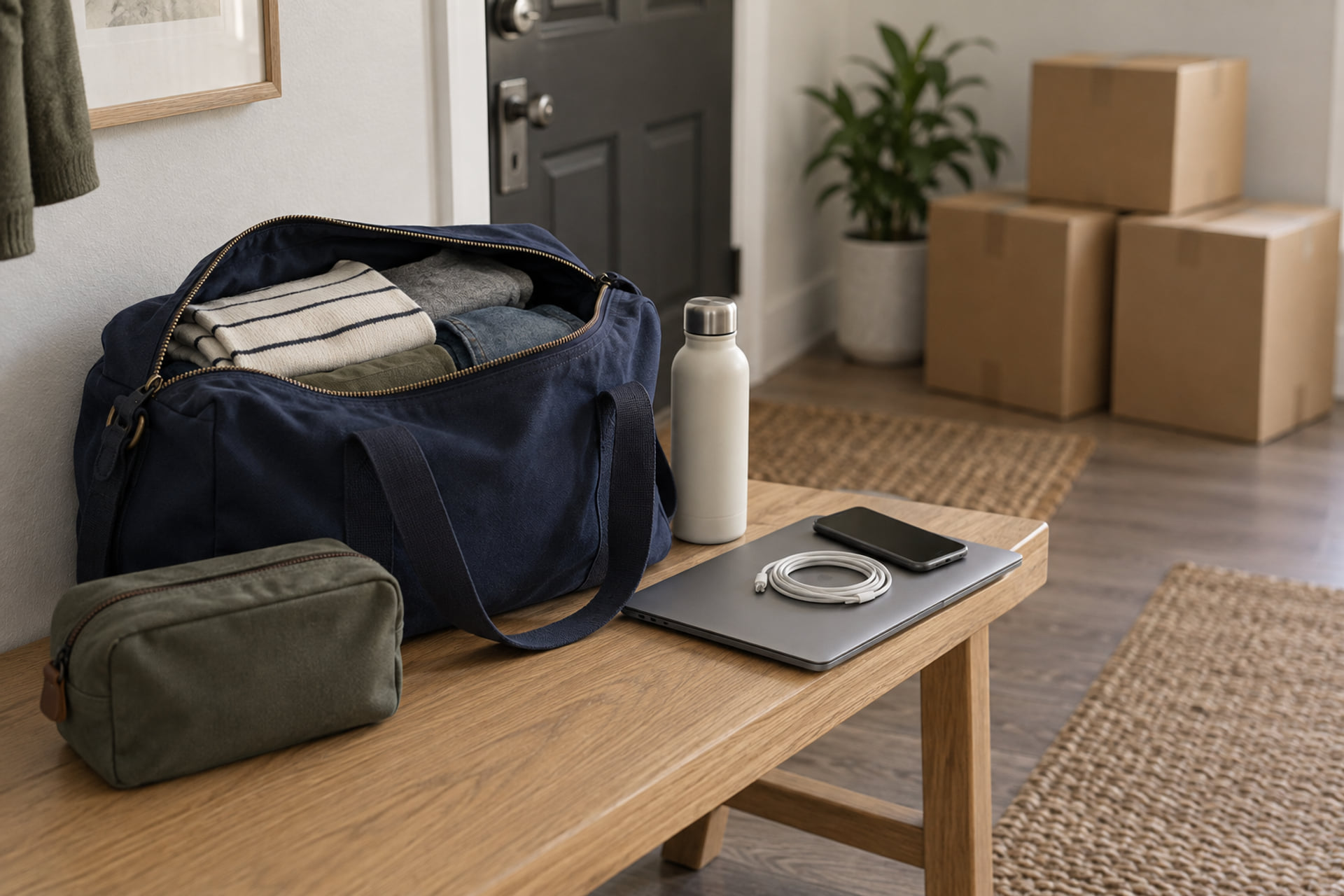 An overnight bag, laptop and daily essentials kept separate from moving boxes