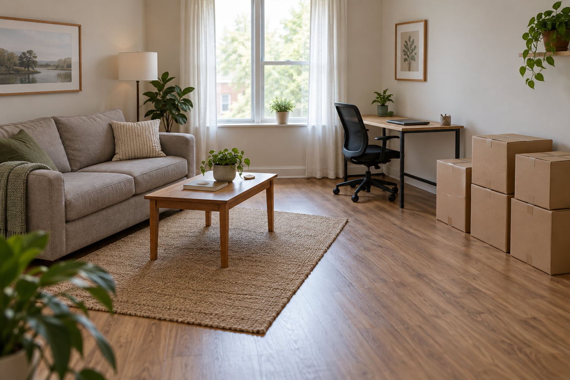 Living room furniture, a work desk and moving cartons arranged in an apartment