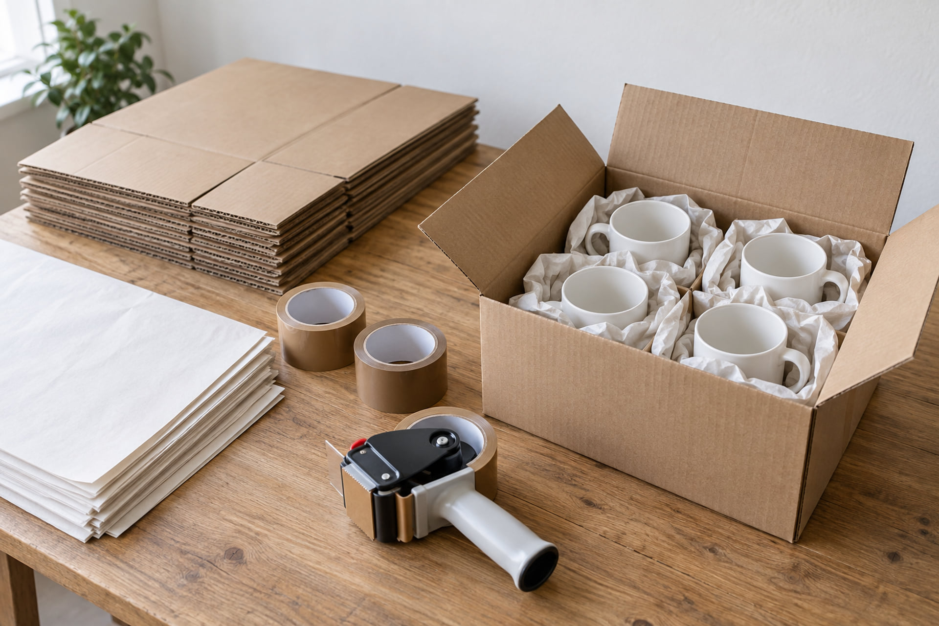 Packing paper, tape and a carton of cushioned mugs on a work table