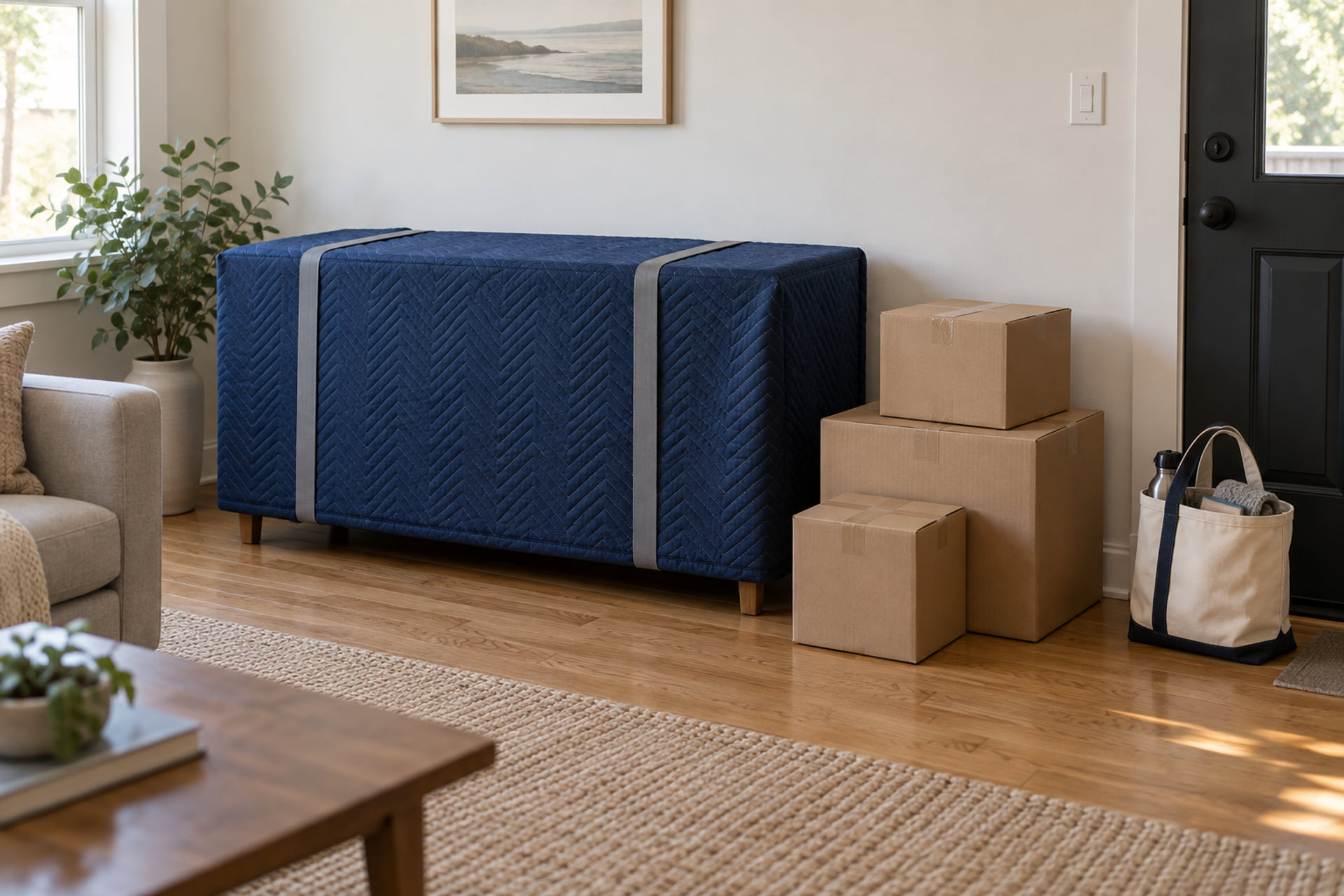A protected sideboard and sealed cartons with an accessible tote by the door