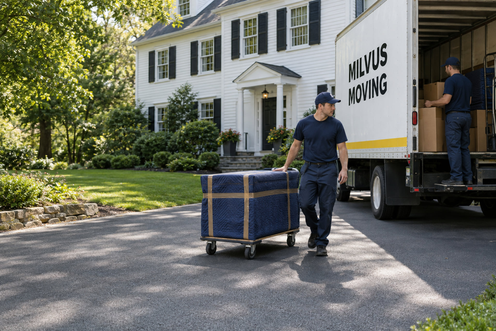 Moving truck and packed furniture beside a clapboard house