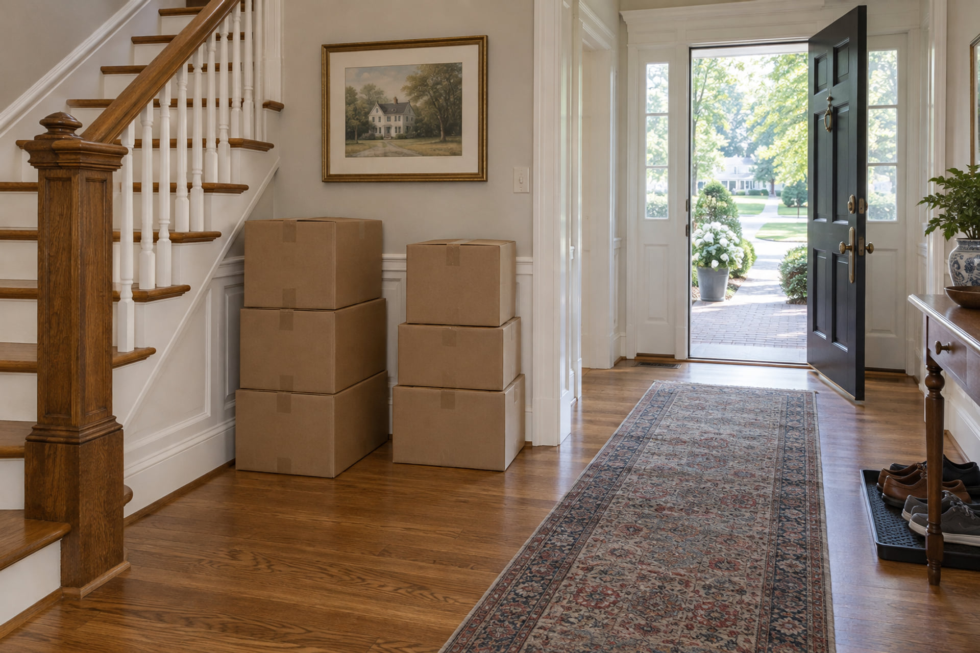 A clear front hall with boxes grouped by room