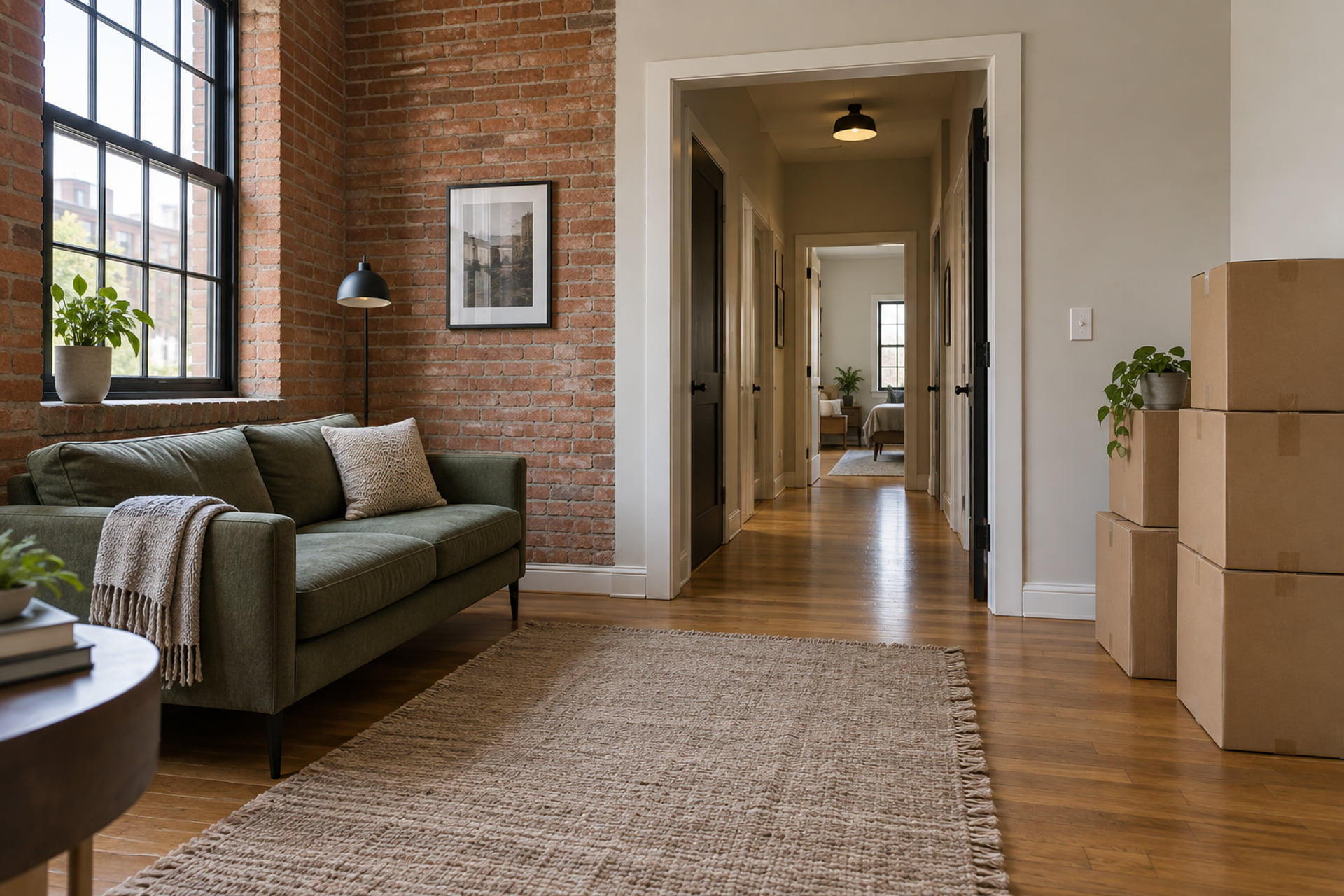 An apartment doorway with protected furniture and a clear corridor