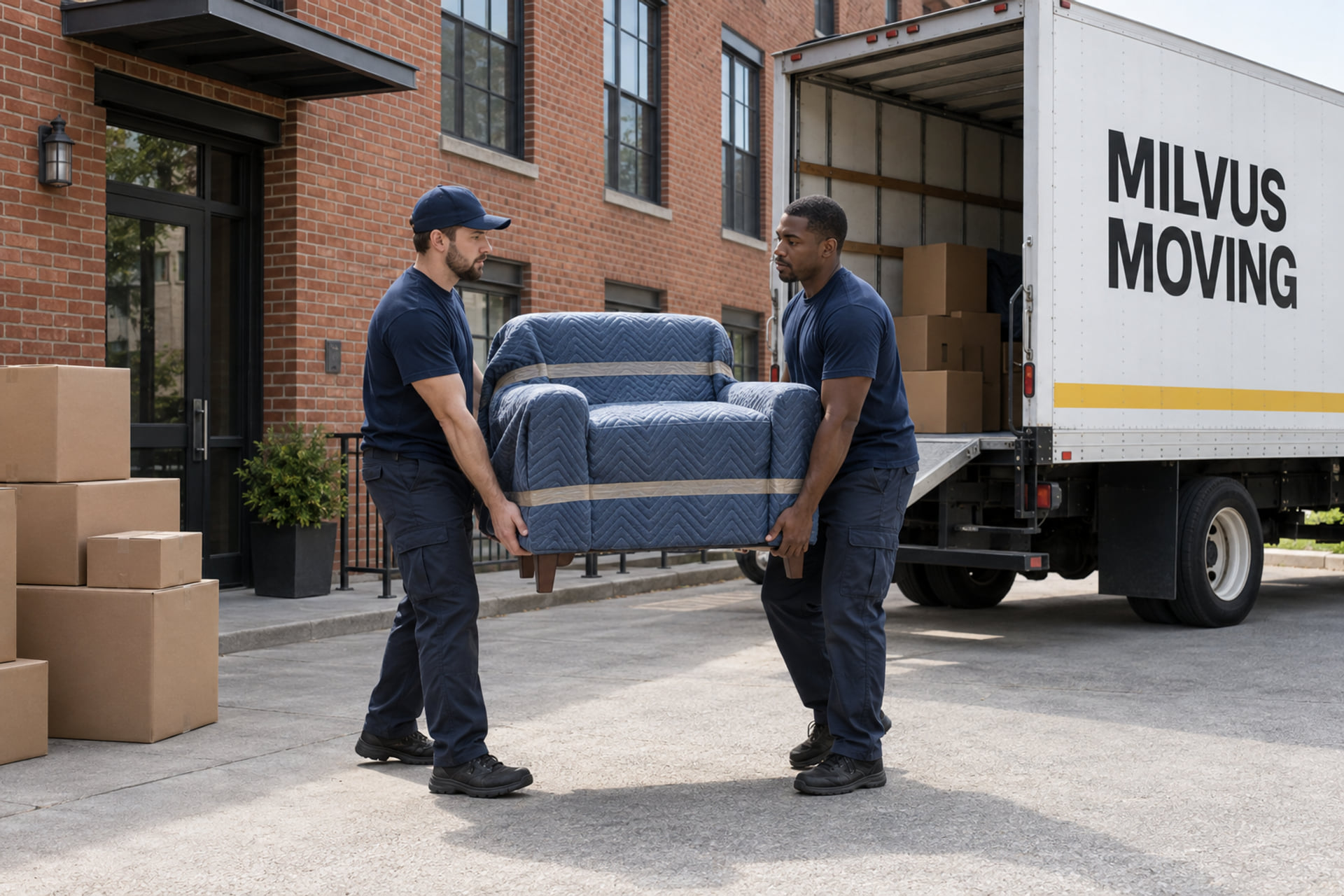 Movers collecting a protected armchair beside a brick apartment building