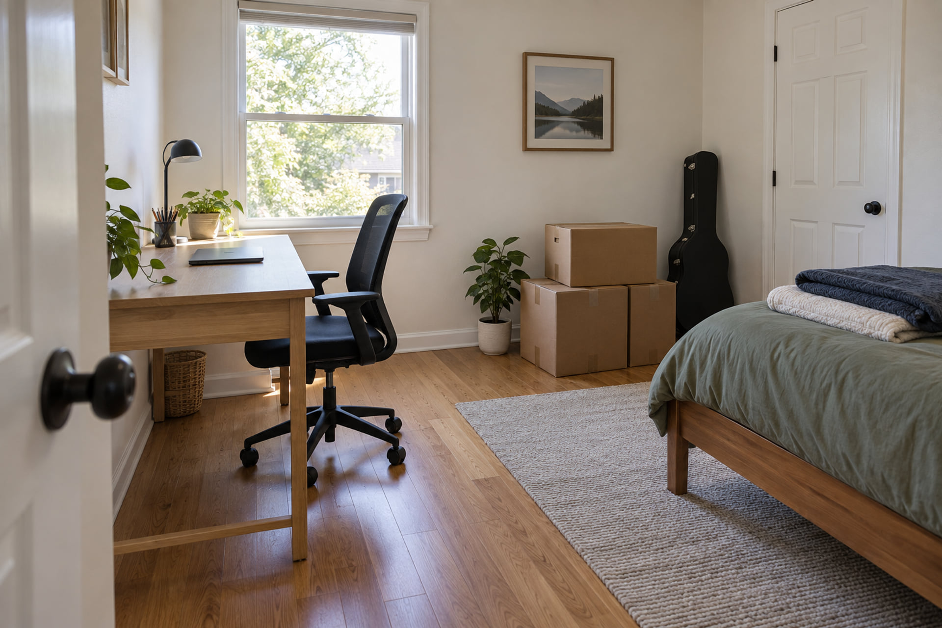 A desk and packed belongings in a small rental bedroom
