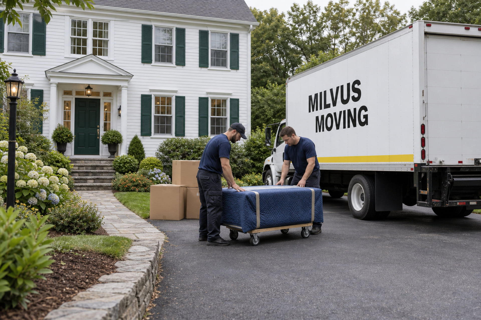 Furniture prepared beside a moving truck at a suburban home