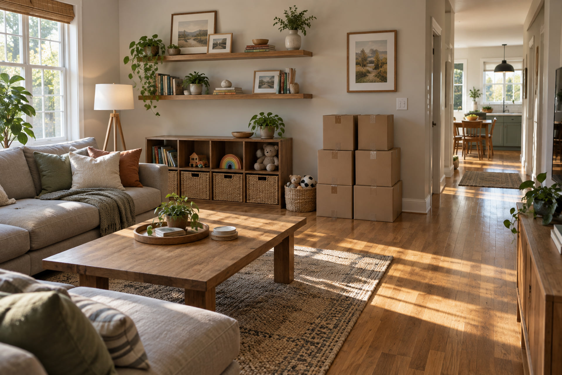 Furniture and cartons arranged for a household inventory
