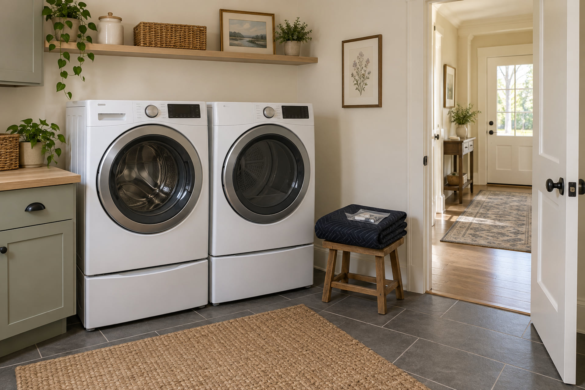 Washer and dryer beside a clear laundry-room doorway ready for a planned move