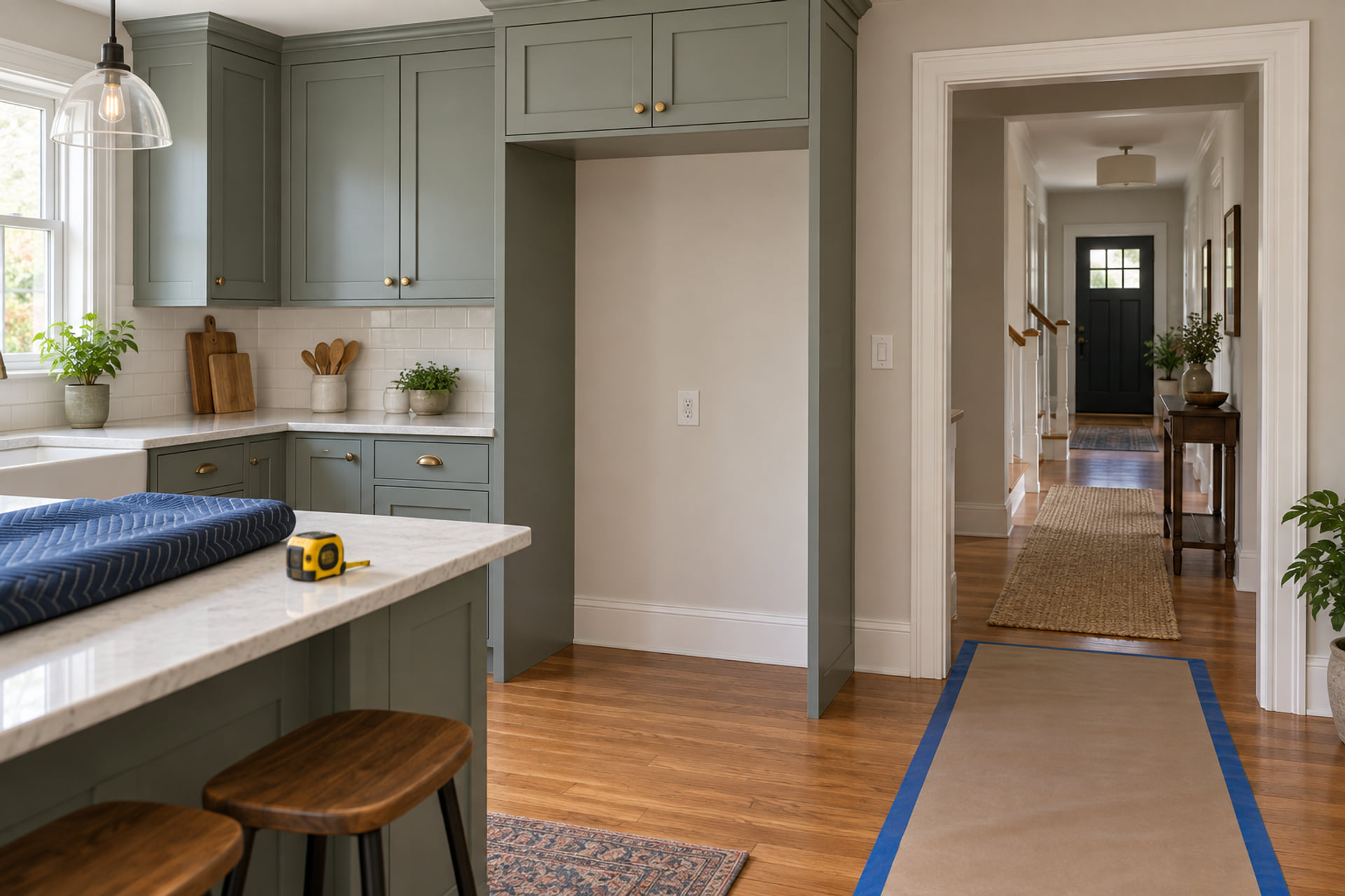 A refrigerator opening and clear kitchen doorway prepared for appliance delivery