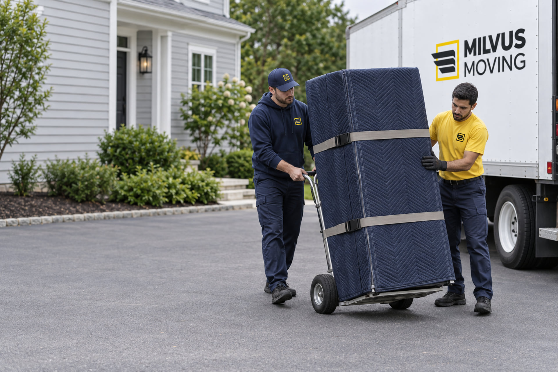 Two movers guiding a blanket-wrapped refrigerator on an appliance dolly beside a moving truck