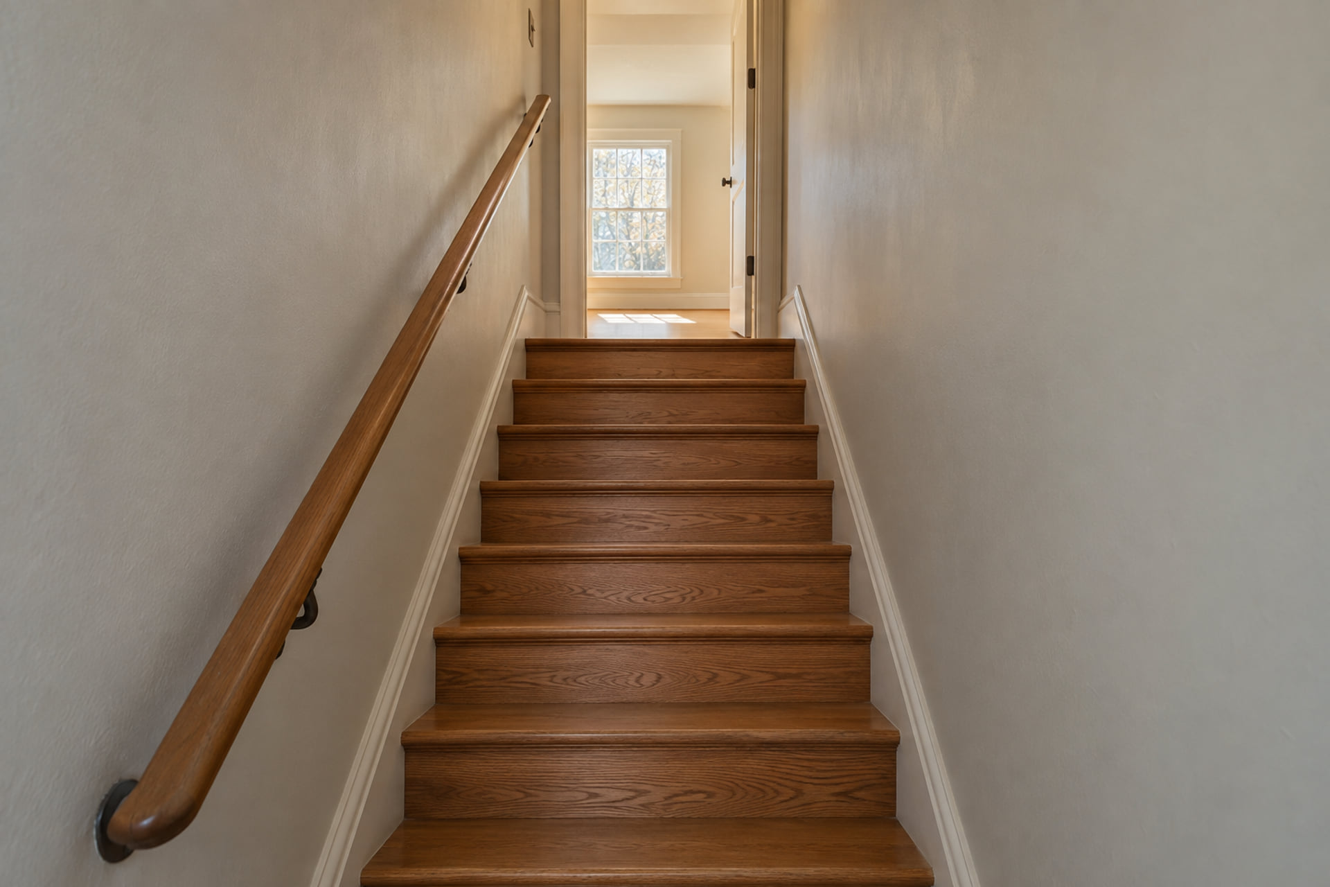 A straight wooden staircase leading to an open upper-floor doorway