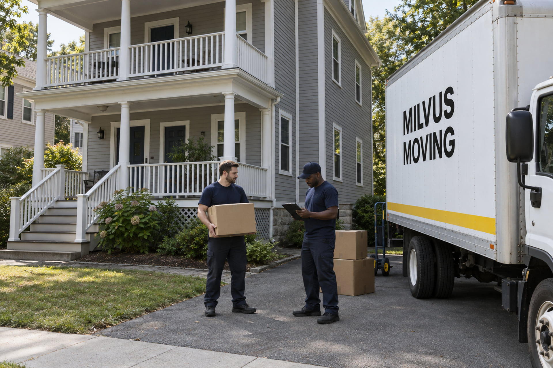 Movers and a truck outside a two-family house