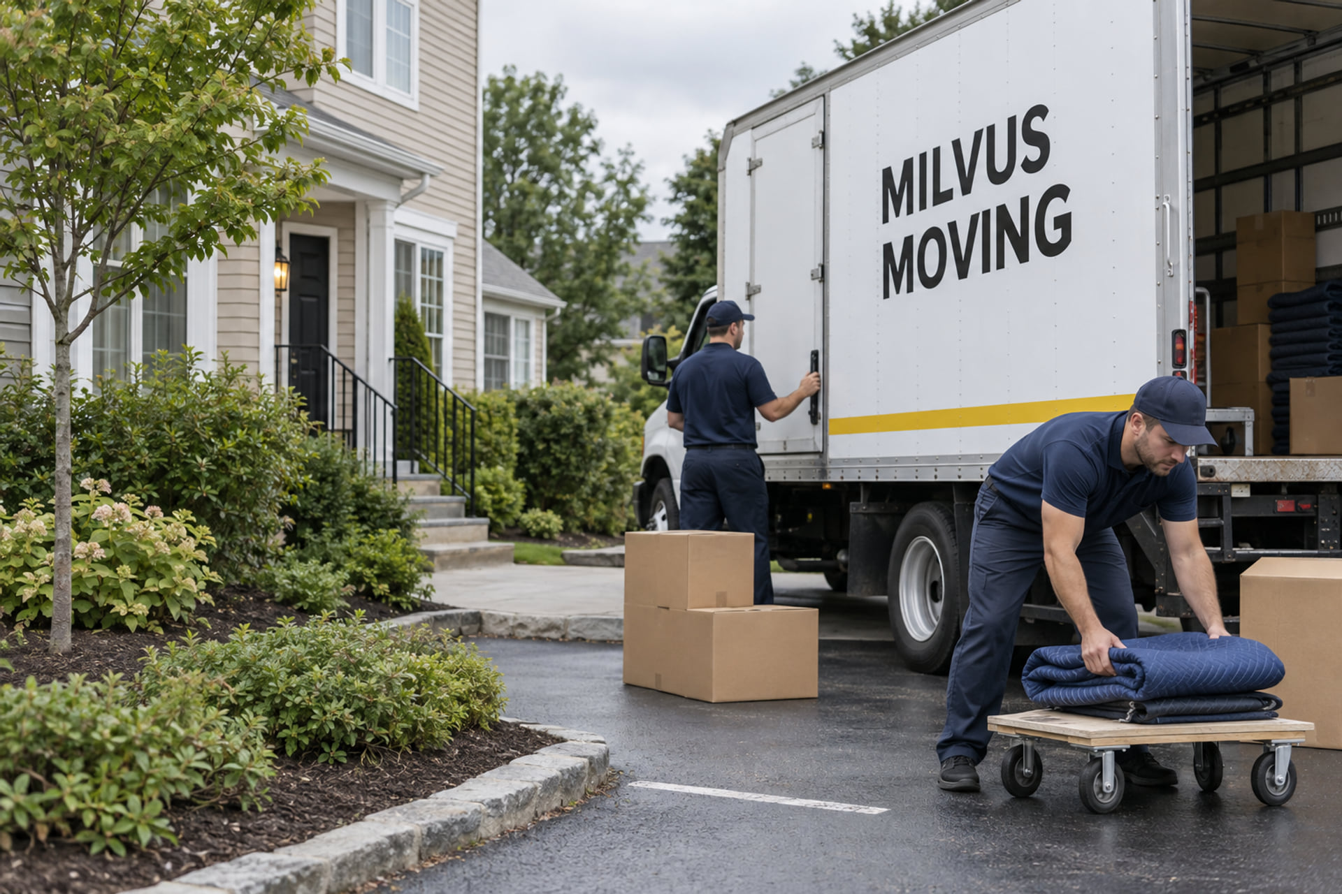Moving supplies and a truck outside a townhouse