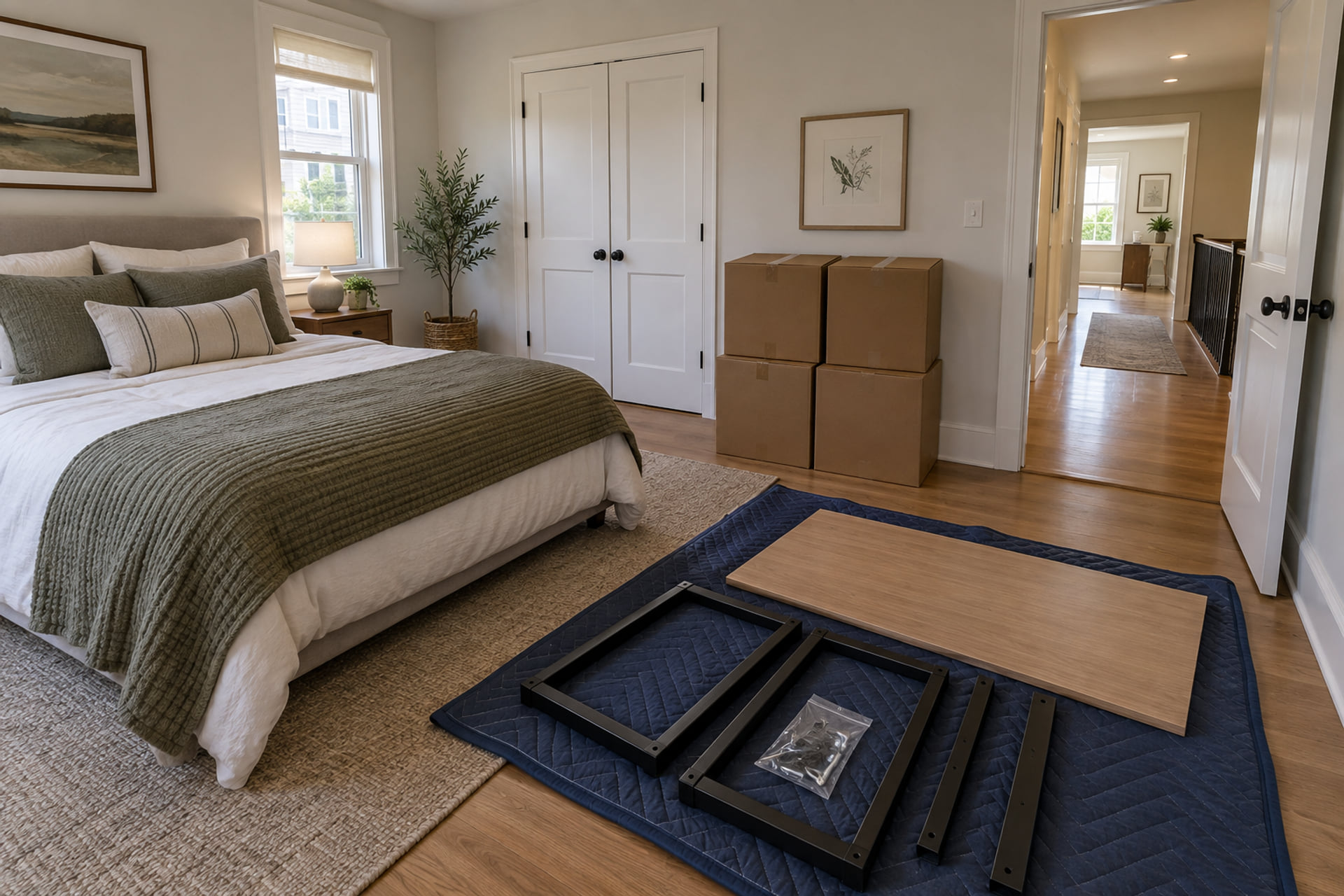 A townhouse bedroom with packed boxes and an open route
